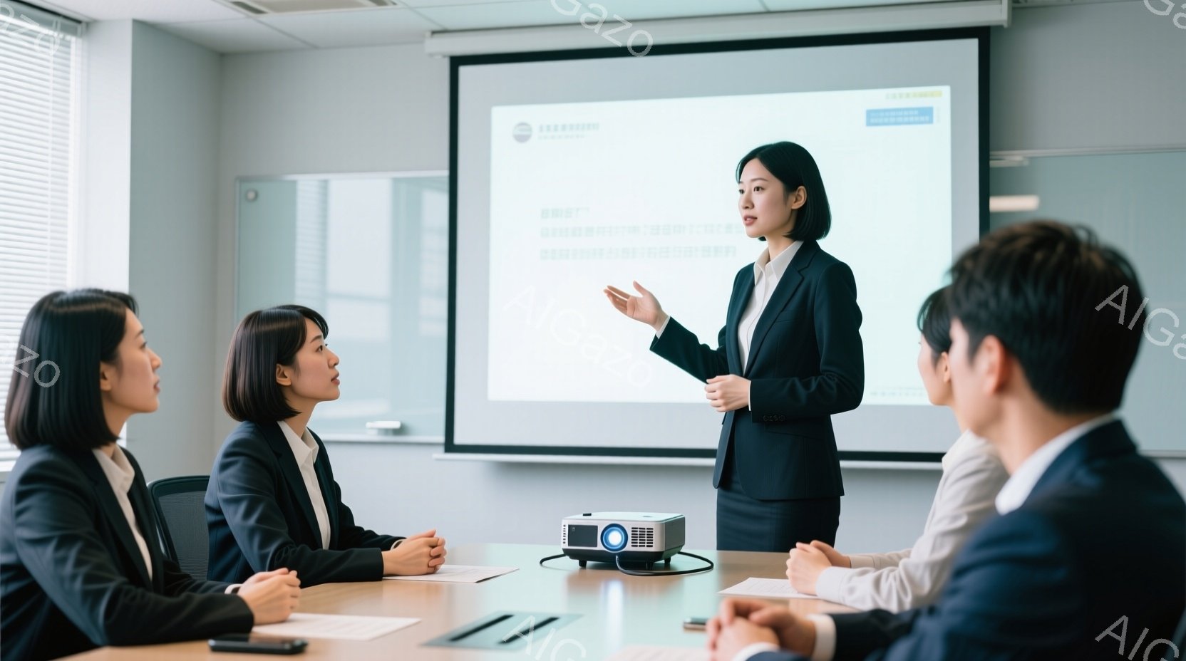 会議室で女性がプレゼンテーションを行っている様子が写っている。彼女は黒いスーツに身を包み、黒髪を後ろにまとめている。参加者たちは皆、黒または紺色のスーツを着ており、真剣な表情で彼女の話に耳を傾けている。