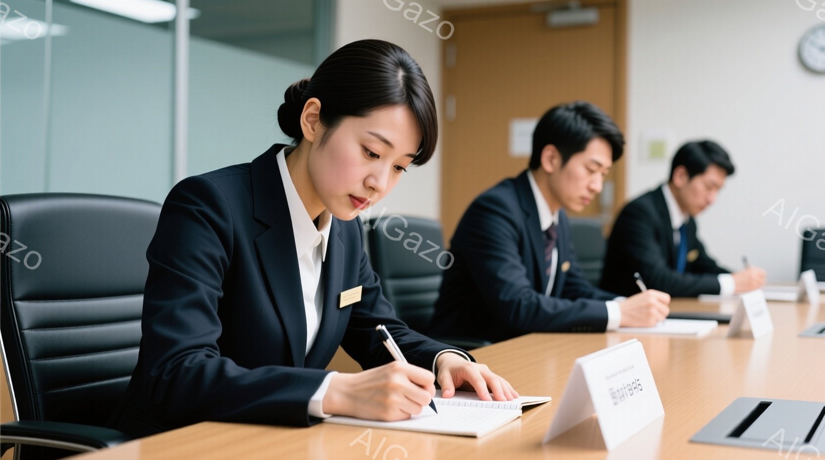 ビジネススーツを着た女性が、ノートに何かを書き込んでいる様子が写っている。彼女は黒髪で、前髪を分けており、真剣な表情でペンを握っている。背景には他のビジネスマンが座っており、会議室のような落ち着いた雰 - AI生成フリー素材