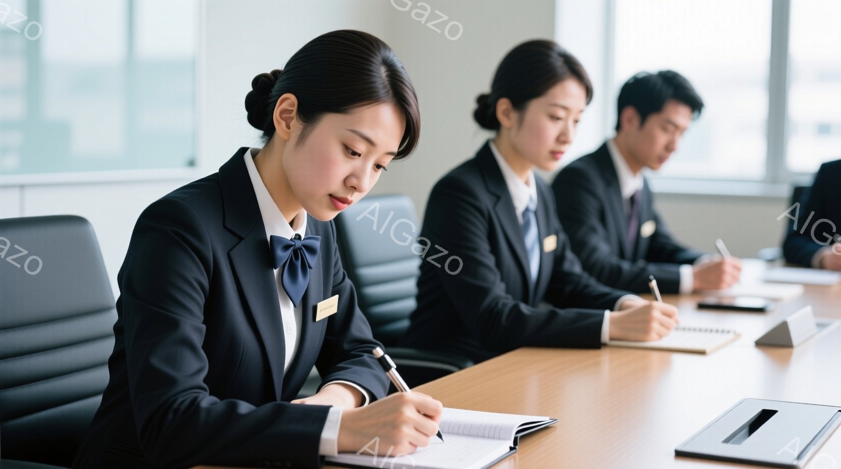 紺色のブレザーとリボンタイを着用した女性たちが、木のテーブルを囲んでノートに書き込みをしている様子が写っています。彼女たちは真剣な表情でペンを握り、集中して作業に取り組んでいます。背景には窓があり、明 - AI生成フリー素材