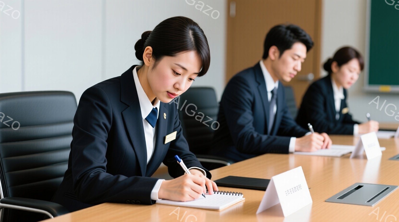 紺色のブレザーに白いシャツを着た女性が、集中してメモを取っています。彼女は黒髪を後ろでまとめ、真剣な表情でペンを握り、ノートに書き込んでいます。明るい木のテーブルと黒い椅子が並び、背景には他の参加者も写っており、会議や研修のようなフォーマルな雰囲気が漂っています。