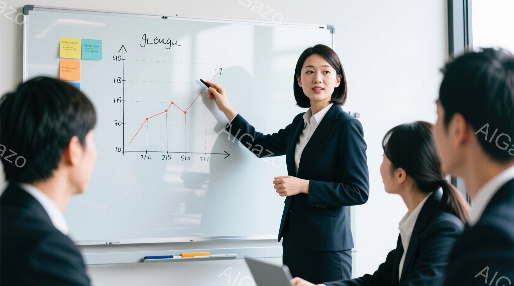 白板の前で女性がプレゼンテーションをしている様子が写っています。彼女は黒いスーツを着用し、髪は後ろにまとめている。周りには数人のビジネスマンがおり、彼女の話に耳を傾けています。