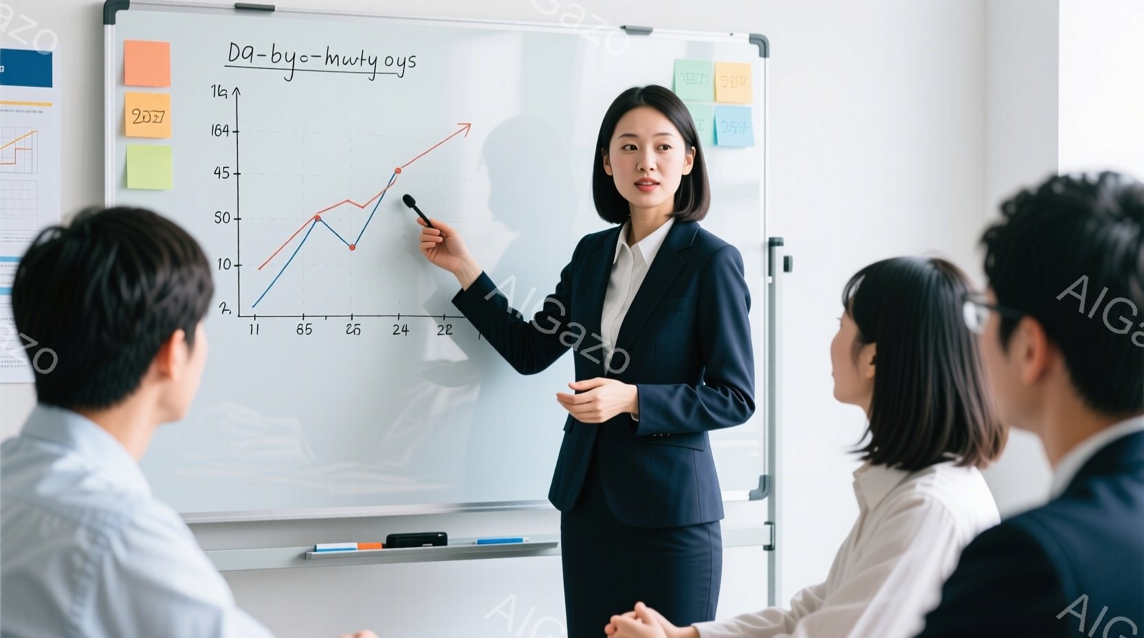 女性がホワイトボードの前でプレゼンテーションを行っている場面だ。彼女は紺色のスーツと白いシャツを着ており、黒髪を後ろにまとめている。自信に満ちた表情でグラフを指し示しており、周囲には数人のビジネスマン - AI生成フリー素材