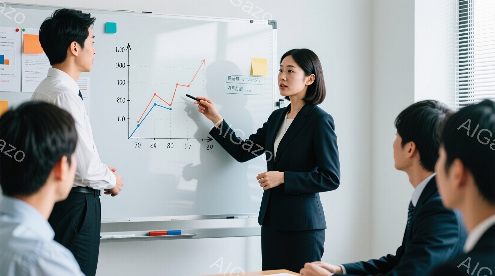白いシャツに黒いジャケットを羽織った女性が、会議室でホワイトボードのグラフを指し示しています。彼女は黒髪で、真剣な表情でプレゼンテーションを行っています。周囲には、スーツを着た男性たちが座っており、熱 - AI生成フリー素材