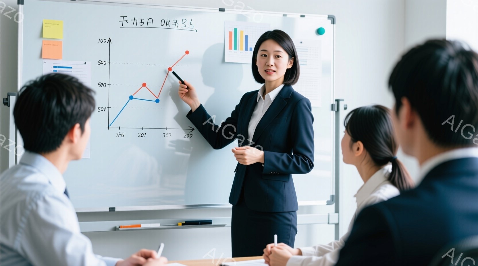白板の前で女性がプレゼンテーションを行っています。彼女は黒いスーツと白いシャツを着ており、髪は後ろでまとめている。彼女はペンを手に持ち、グラフを指しながら、他の３人の同僚に向かって説明している様子で、 - AI生成フリー素材