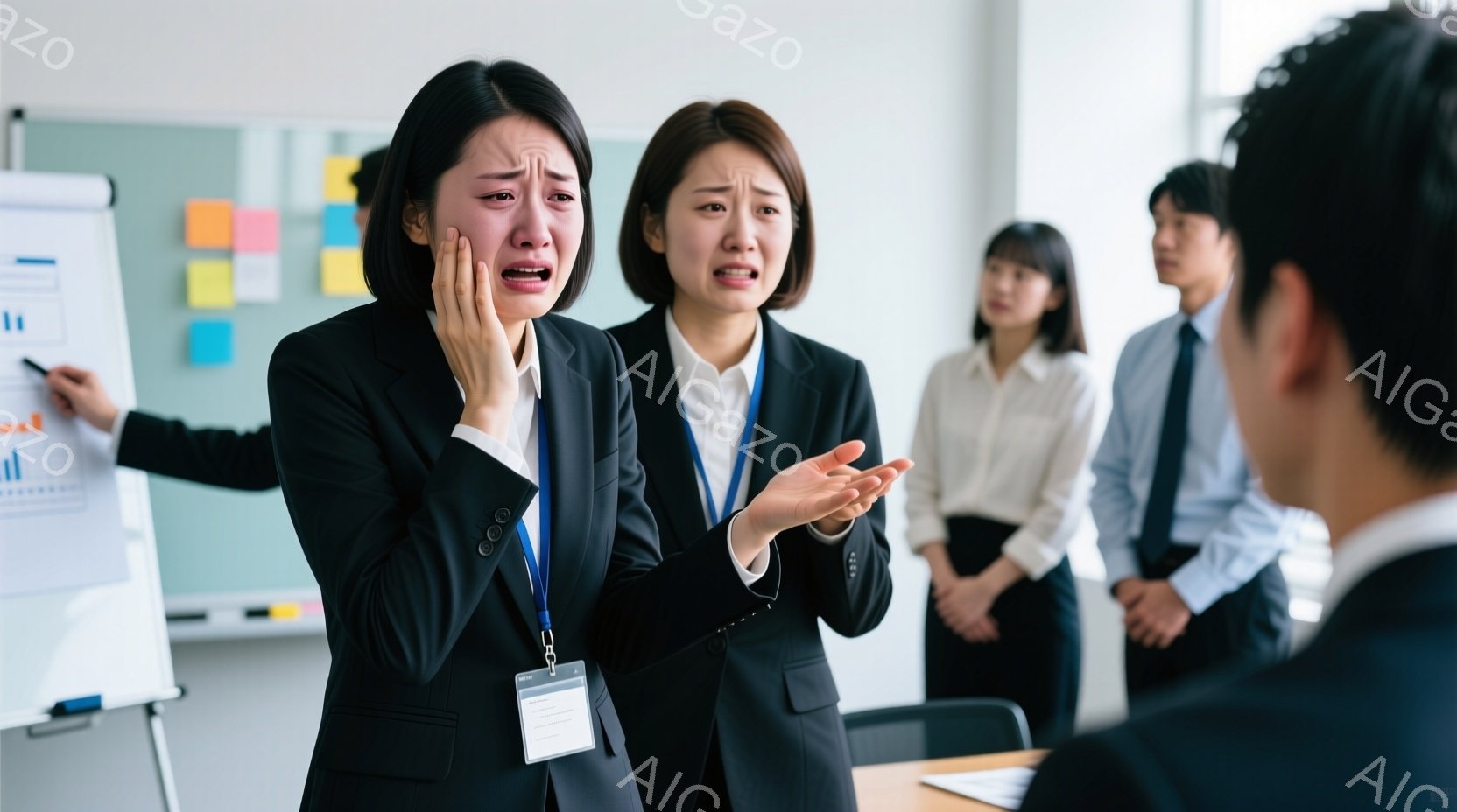 オフィス内で、女性二人が困惑した表情で立っている。彼女たちは黒いスーツに白いシャツを着ており、ネクタイをしている。背景には他の同僚がおり、ホワイトボードにはグラフや付箋が貼られている。