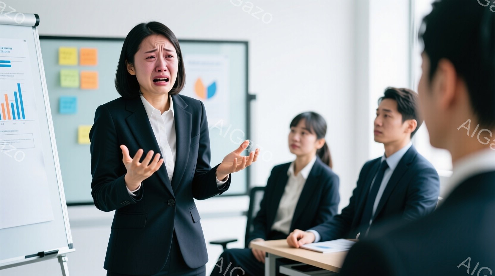 紺色のスーツを着た女性が、両手を広げ、苦悩に満ちた表情で立っています。背景には、同じように紺色のスーツを着た2人の同僚が、テーブルに座って彼女を見つめており、会議室のような空間であることがわかります。明るい室内には、グラフが描かれたホワイトボードと、いくつかのポストイットが貼られています。