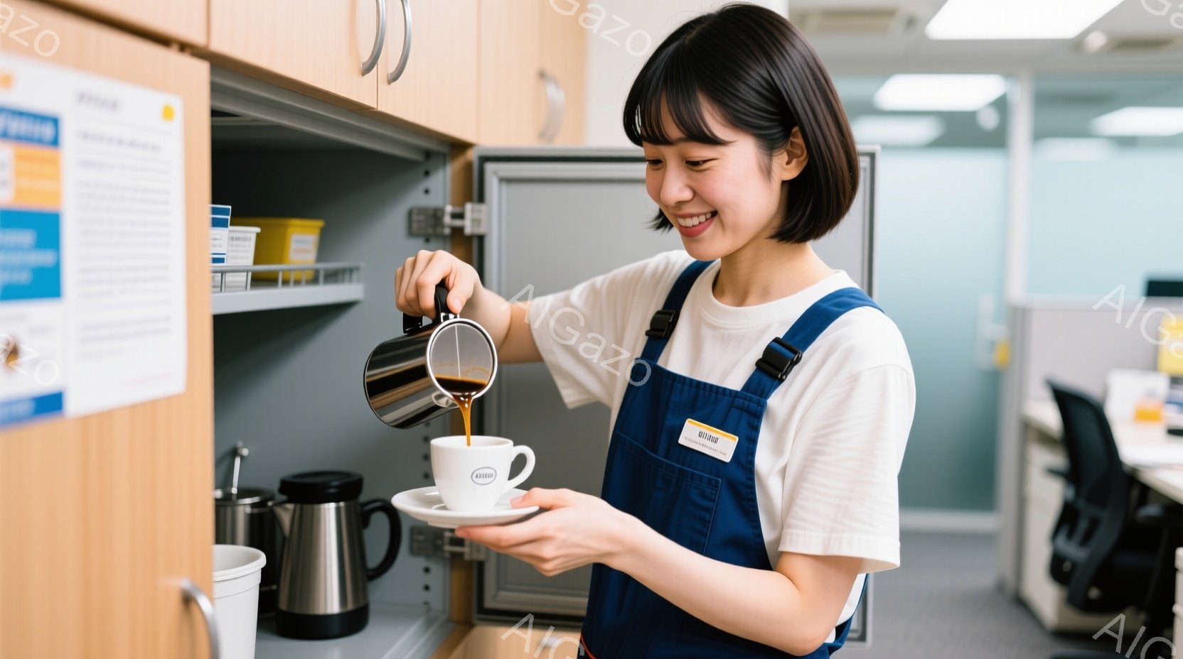 若い女性がコーヒーをカップに注いでいる様子が写っている。彼女は白いTシャツに紺色のオーバーオール姿で、短髪のヘアスタイルと明るい笑顔が印象的だ。背景にはオフィス内の棚や機器が見え、明るく清潔感のある雰囲気が漂っている。