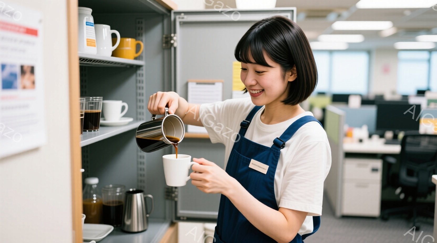 若い女性が白いマグカップにコーヒーを注いでいる。彼女は白いTシャツとネイビーのオーバーオール姿で、明るい笑顔を浮かべている。背景にはオフィス内の棚やデスクが見え、清潔感のある明るい雰囲気が感じられる。