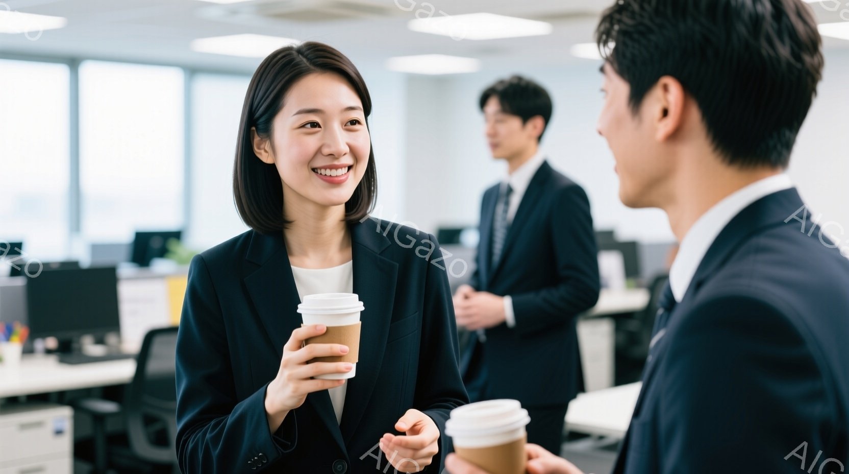オフィスでコーヒーカップを持つビジネスウーマンと、彼女と向き合って話しているビジネスマンが写っています。女性は黒いジャケットと白いインナーを着ており、ショートヘアで笑顔を見せています。背景には、他のオフィスワーカーとデスク、そして窓の外の明るい景色が見え、全体的に明るく活気のある雰囲気が漂っています。