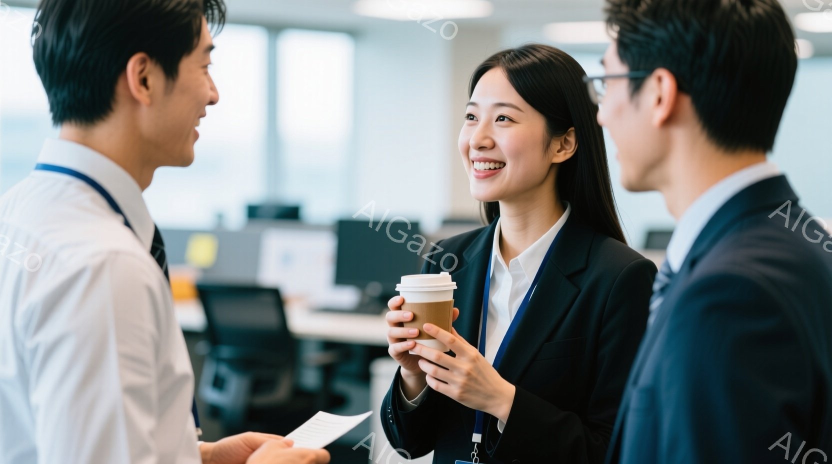 オフィスで会話をする二人のビジネスマンと一人のビジネスウーマンが写っています。ビジネスウーマンは黒いジャケットを着ており、笑顔でコーヒーカップを持っており、同僚と友好的に話しています。背景には他のオフ - AI生成フリー素材