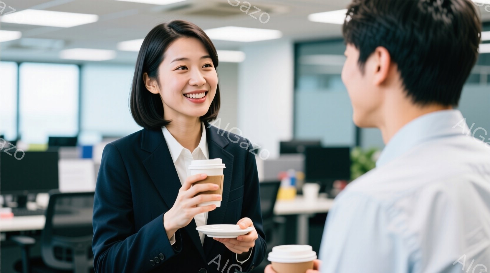 黒いスーツに白いブラウスを着た女性が、コーヒーカップを片手に笑顔で誰かと会話している様子が写っています。彼女は肩を少し傾け、相手に話しかけるように姿勢をしています。背景にはオフィスらしき空間が広がり、 - AI生成フリー素材