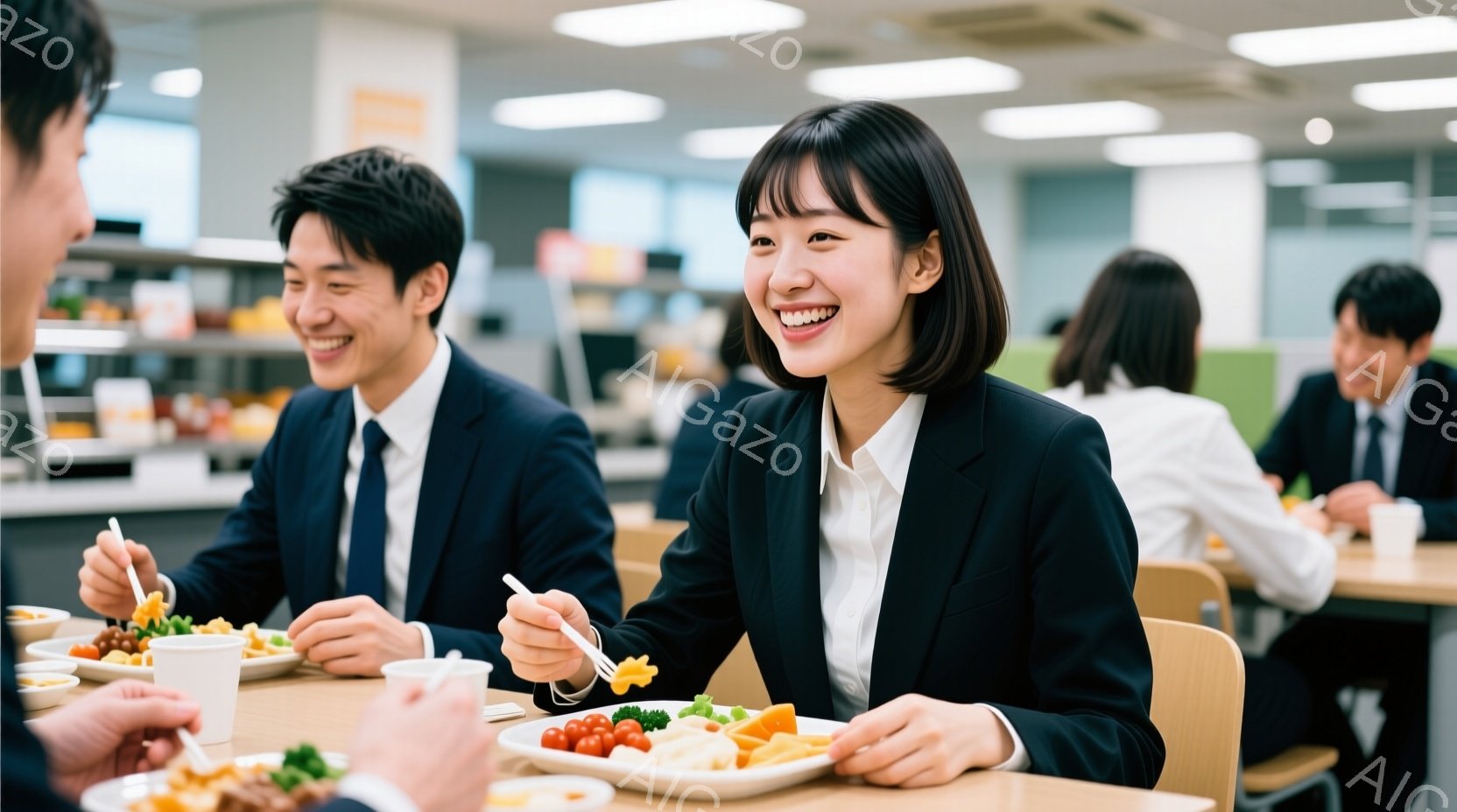 ビジネススーツを着た数人の人々が食堂で昼食をとっている様子が写っています。女性は黒髪のボブスタイルで、笑顔でフォークを使って食事をしています。背景には他の従業員やテーブルがぼやけて見え、全体的に明るく活気のある雰囲気です。