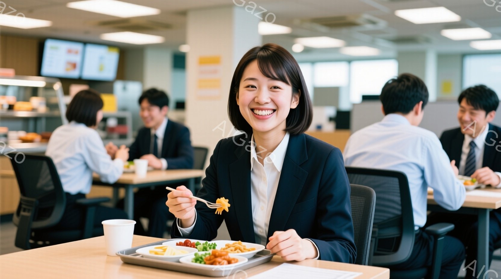 女性は紺色のジャケットと白いシャツを着ており、明るい笑顔で食事を楽しんでいる。彼女はフォークを使ってトレーに乗った料理を食べており、姿勢はリラックスしている。背景には他の会社員が食事をしており、明るい - AI生成フリー素材