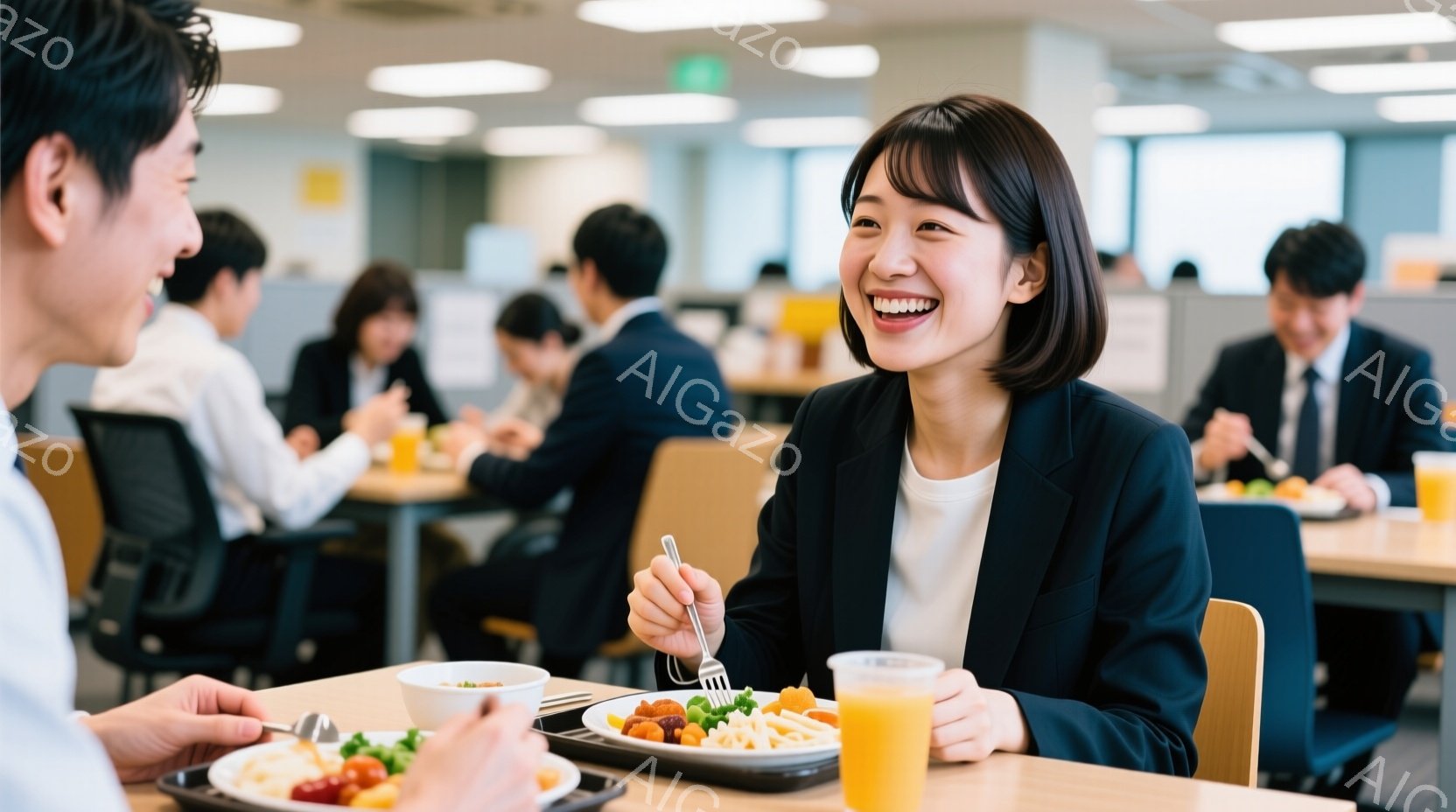 オフィスワーカーたちが明るい食堂で昼食をとる様子が写っています。女性は黒いジャケットを着て、明るい笑顔を見せながら食事をしており、他のワーカーたちもリラックスした様子で食事を楽しんでいます。背景には、他の社員やテーブルがぼやけて見え、食堂全体が清潔で活気のある雰囲気です。