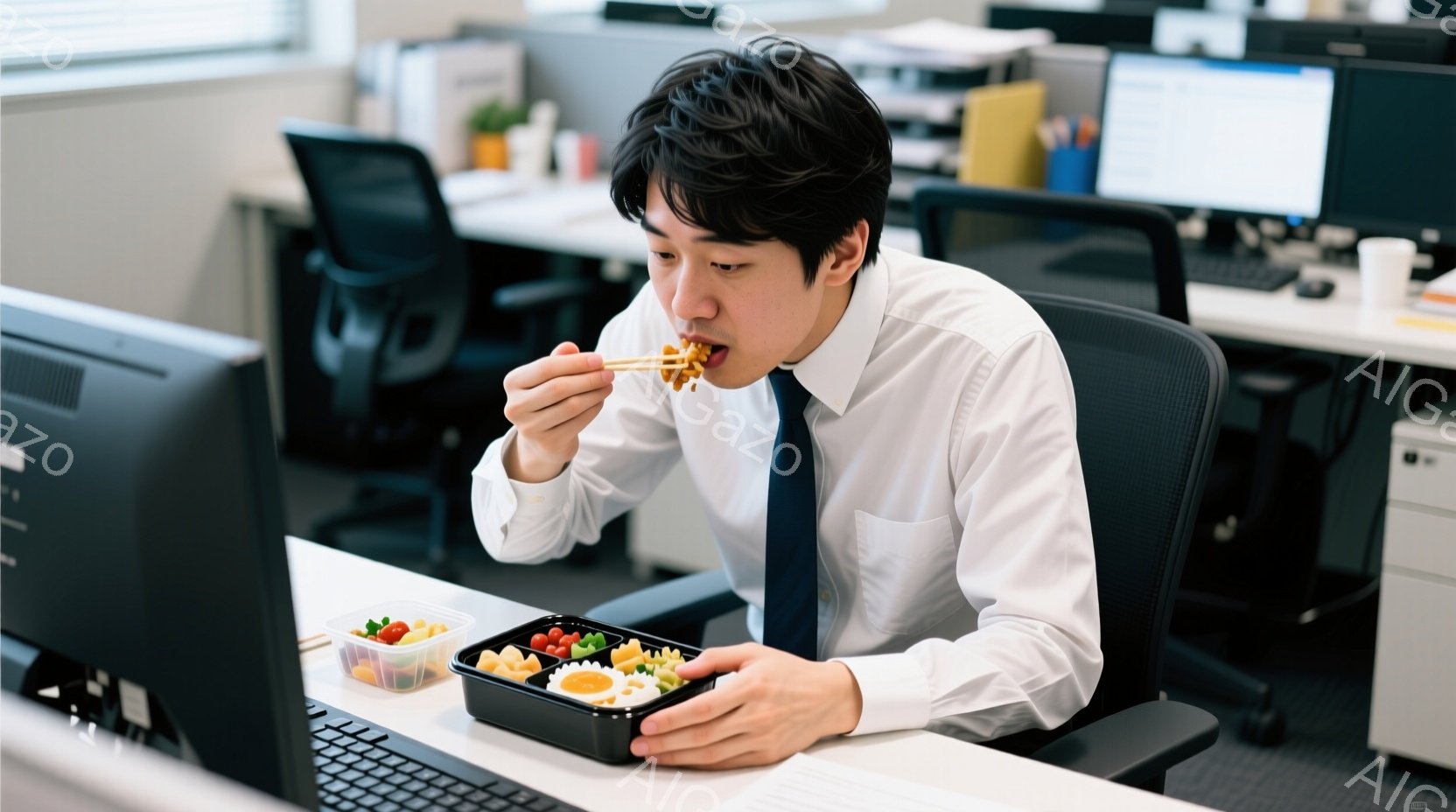 女性は制服姿でコンピューターに向かっています。彼女はネイビーのベストと白いシャツを着ており、首にはネクタイが巻かれています。疲れた表情でキーボードを操作しており、背景は薄暗く、オフィスの一室であるよう - AI生成フリー素材