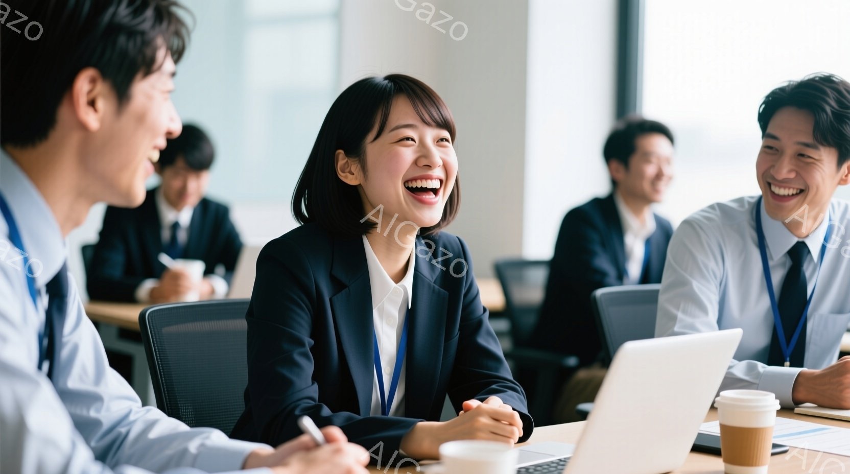 ビジネスシーンの会議室で働く人々が写っている。女性は紺色のジャケットに白いシャツ姿で、明るく笑顔を見せている。周囲には同僚がおり、全員がネクタイと身につけており、リラックスした雰囲気の中で会話を楽しん - AI生成フリー素材