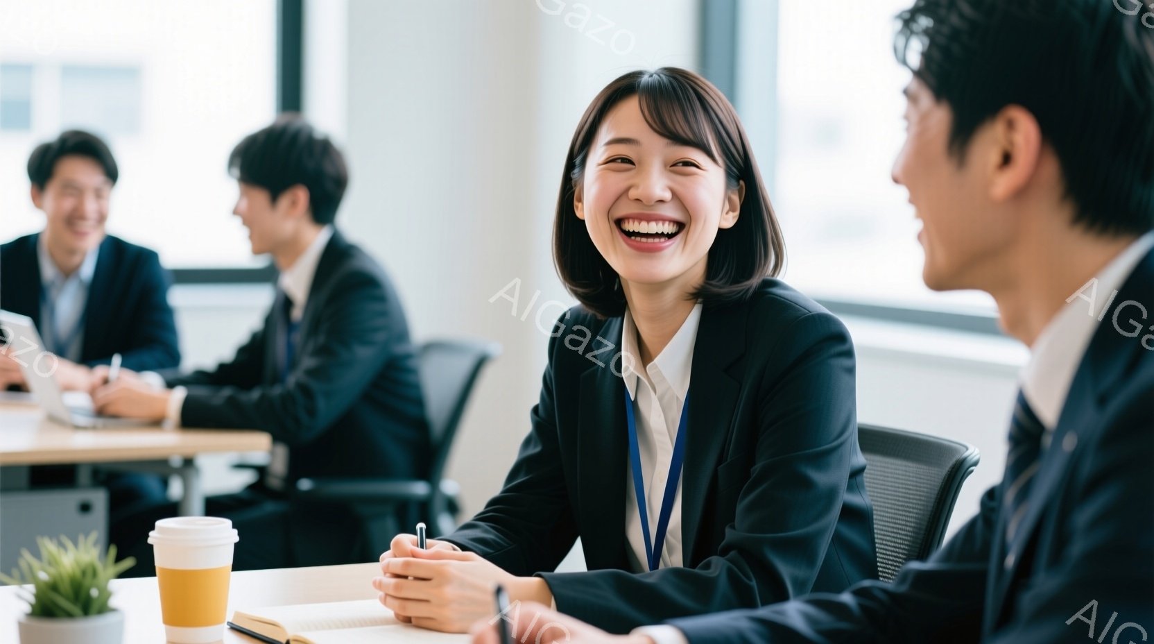 女性は黒いスーツと白いシャツを着て、金属製のファイリングキャビネットの引き出しから黄色いファイルを調べています。彼女は黒いショートヘアで、集中した表情で前を見据えています。背景には、オフィス環境の一部が見え、他のキャビネットや机が配置されています。