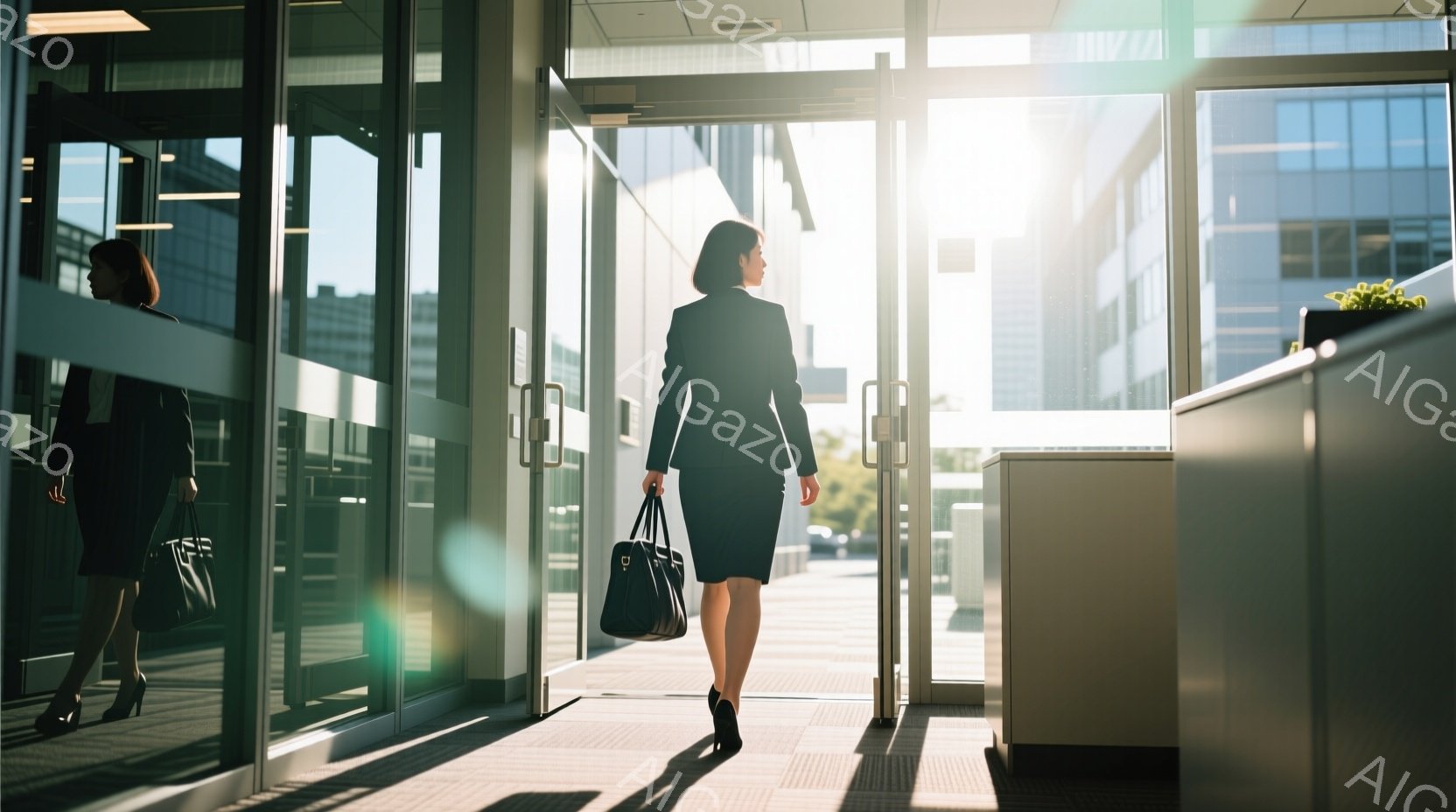 紺色のジャケットと白いシャツを着た若い女性が写っている。彼女はスマートフォンを両手で持ち、画面を真剣な表情で見つめている。背景にはオフィスらしき空間が見え、明るく清潔感のある雰囲気である。 - AI生成フリー素材