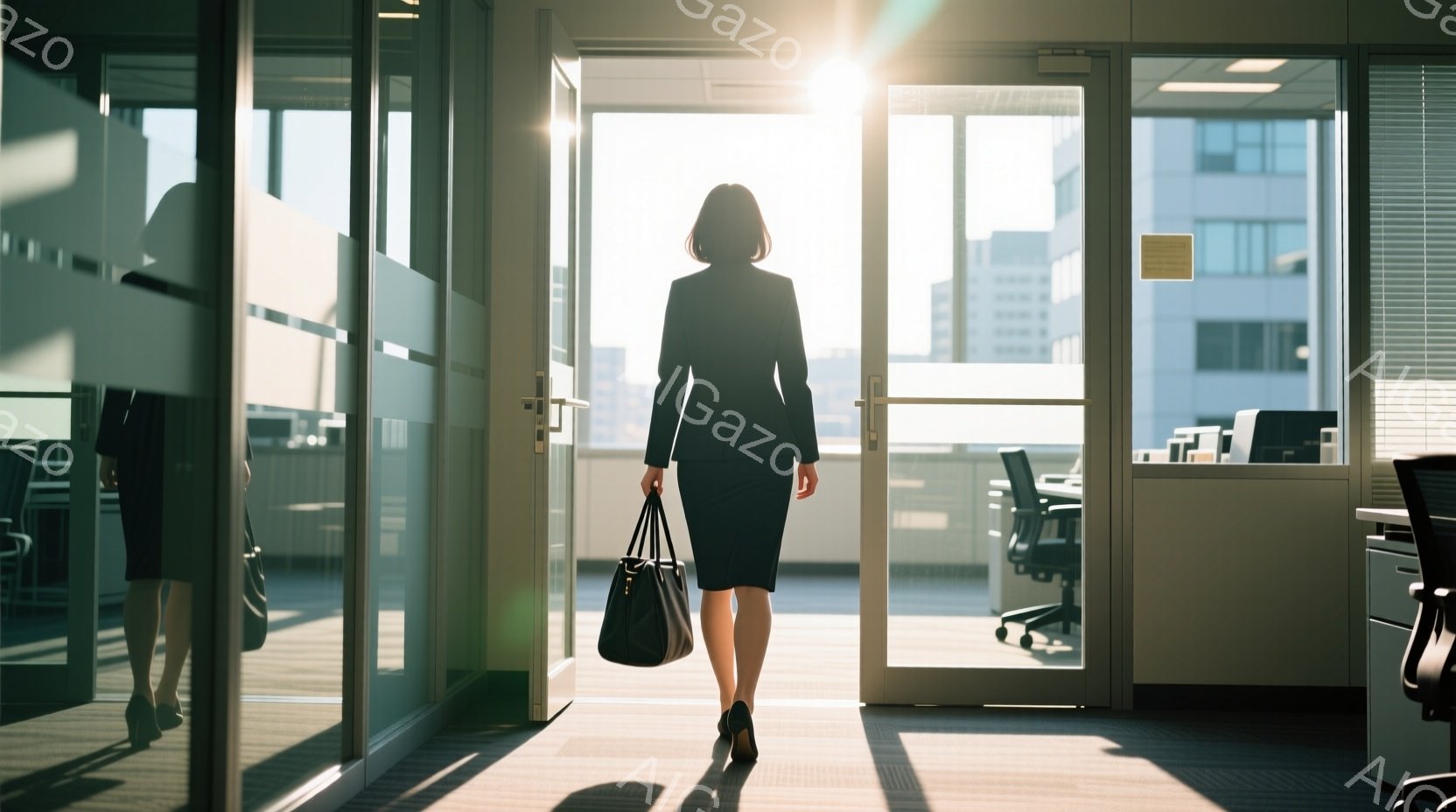 黒いスーツとスカートを着用した女性が、オフィスビルの入り口から外へ歩み出ています。彼女は黒いハンドバッグを持ち、背中を見せており、表情は読み取れませんが、姿勢は自信に満ちています。背景には高層ビル群が - AI生成フリー素材