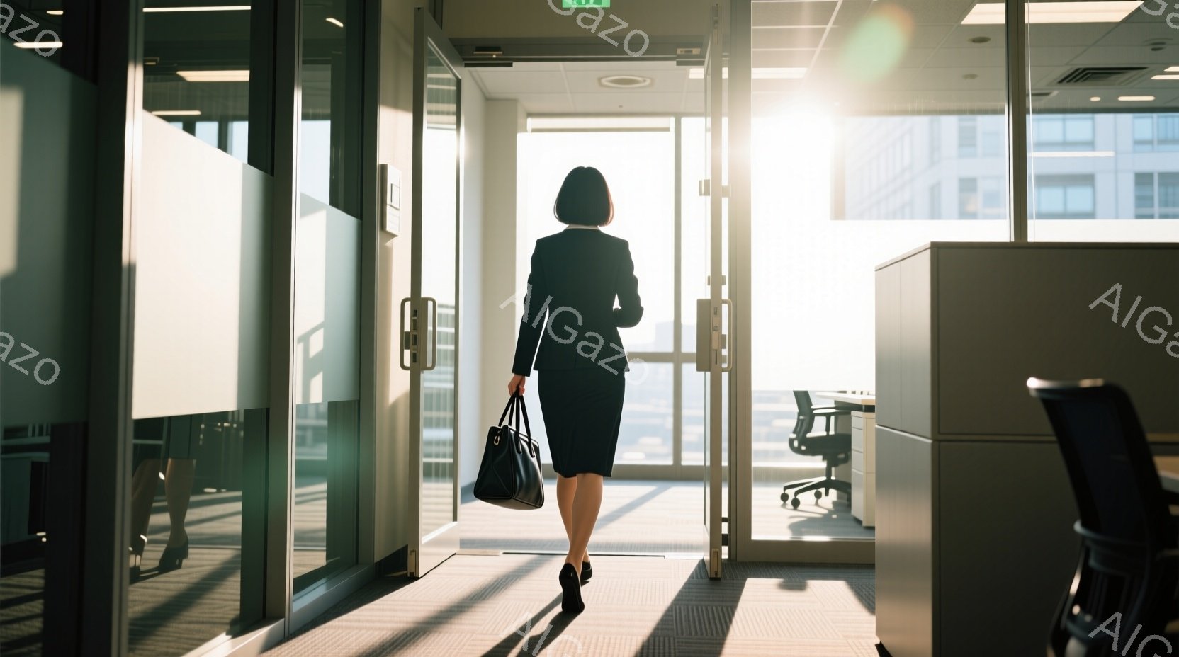 黒いスーツを着た女性が、オフィスビルの入り口から外へ出ていく後ろ姿が捉えられています。彼女はハンドバッグを持っており、ハイヒールを履いて姿勢よく歩いています。背景には高層ビル群と明るい空が見え、オフィス内はモダンな雰囲気で、強い光が差し込んでいます。