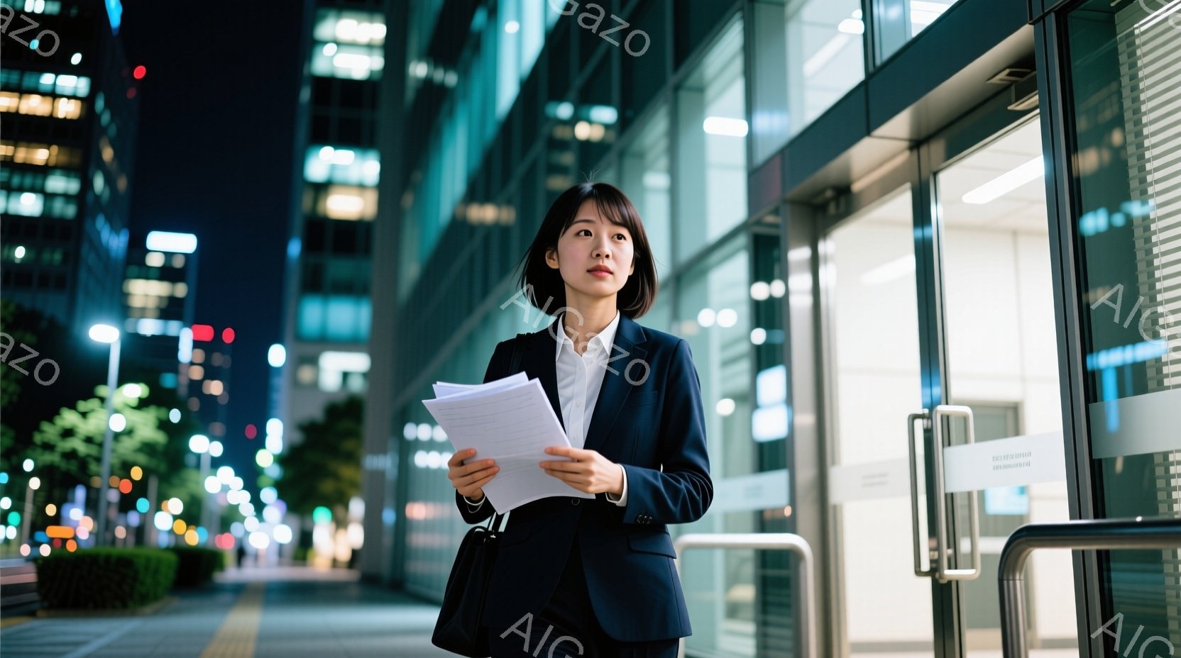 一人の女性が夜の街で書類を手に歩いている。彼女は黒いスーツを着ており、髪は後ろでまとめて、表情は真剣だ。背景には高層ビル群がぼやけて見え、街灯が点灯しており、ビジネス街の夜の雰囲気を醸し出している。 - AI生成フリー素材