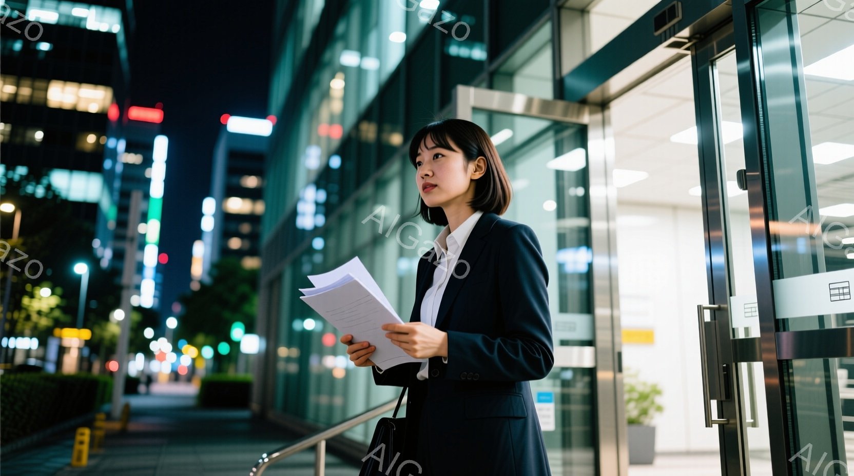 女性は黒いスーツと白いシャツを着て、書類を手に持っています。彼女は少し上を見上げ、真剣な表情で階段を歩いています。背景には高層ビル群と街灯が見え、夜の都会の雰囲気を感じさせます。 - AI生成フリー素材