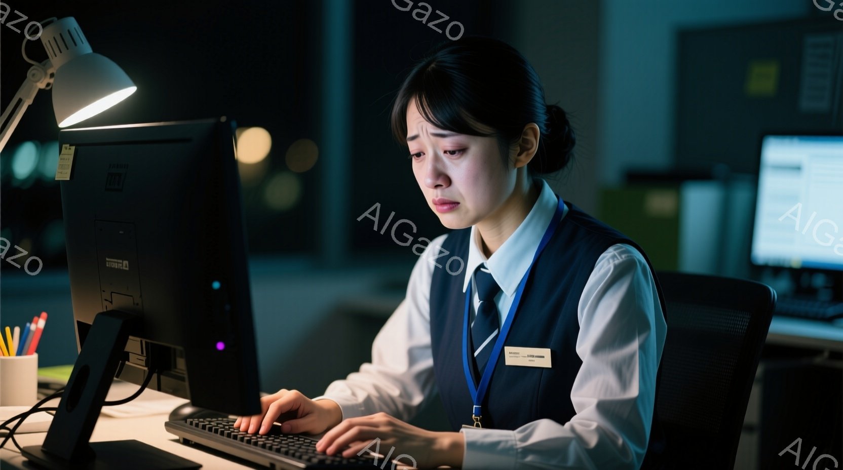 紺色のベストと白いシャツを着た女性が、パソコンに向かってタイピングしている。彼女は髪を後ろでまとめ、疲れた表情で画面を見つめている。背景は薄暗く、オフィスの一室のようであり、集中して仕事に取り組んでいる様子が伺える。