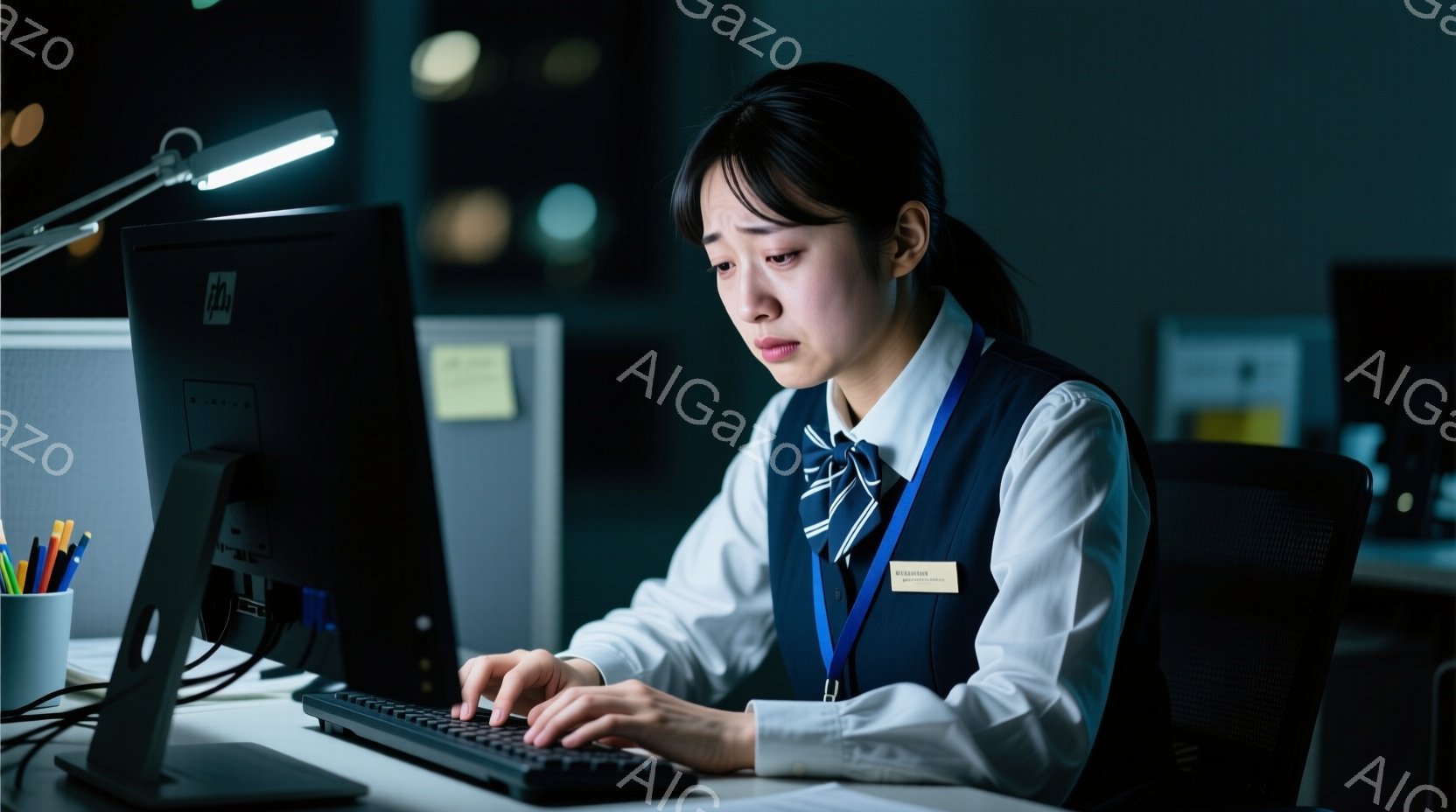 一人の女性がコンピュータの前に座り、キーボードを操作している。彼女は白いシャツにネイビーのベスト、ネクタイ姿で、名札をつけている。背景はオフィスの一角で、薄暗く、集中して作業に取り組んでいる様子が伺え - AI生成フリー素材