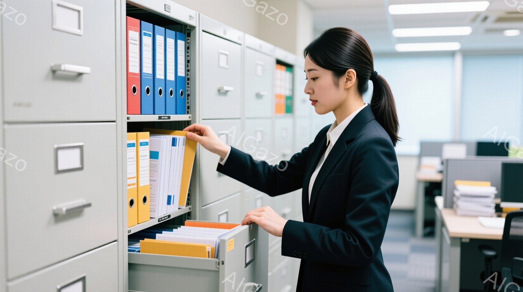 スーツを着た女性が、オフィスで金属製のキャビネットの引き出しを開けて書類を探している。彼女は黒髪を後ろでまとめ、真剣な表情で書類に集中している。背景には他のキャビネットや書類が積み上げられた机が見え、オフィス全体が整理整頓された、落ち着いた雰囲気である。