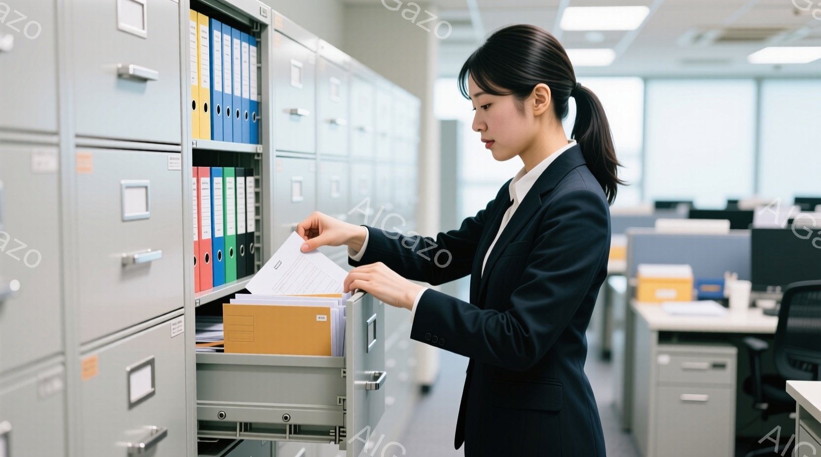 女性はグレーのファイリングキャビネットから書類を取り出しています。彼女は黒いスーツジャケットと白いシャツを着ており、髪は後ろで一つにまとめています。背景にはオフィススペースが広がり、他のキャビネットや - AI生成フリー素材