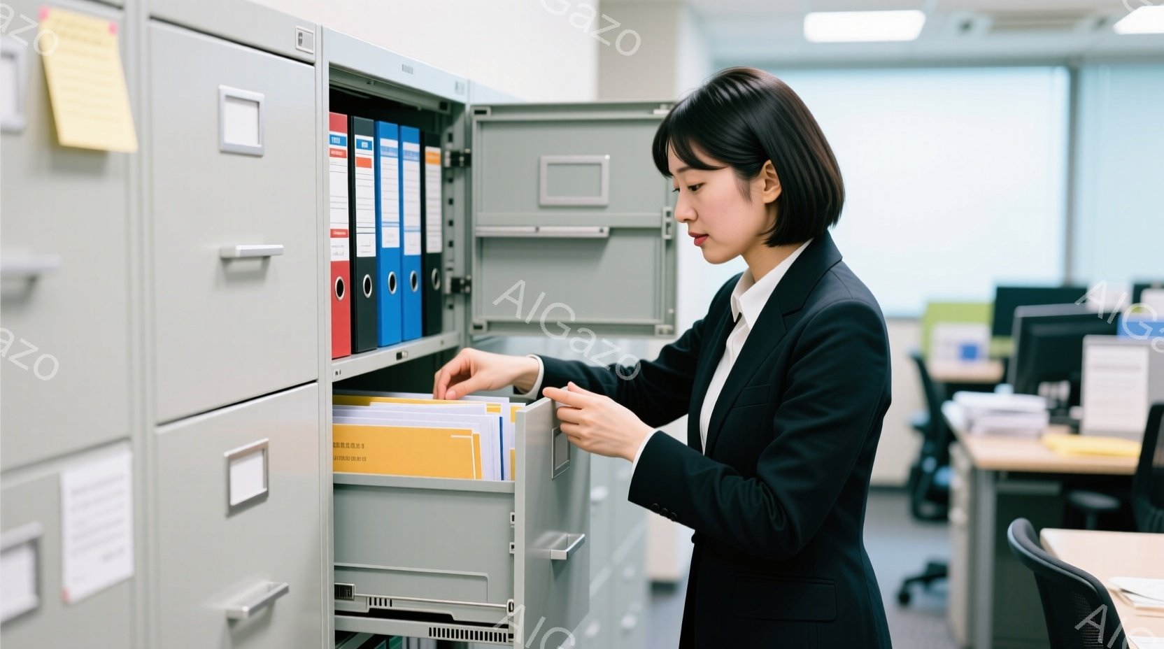 黒いスーツに白いシャツを着た女性が、オフィスでファイリングキャビネットの引き出しを開けています。彼女は短髪で、真剣な表情で書類を探しているようです。背景には他のオフィス家具や、ぼんやりと見える同僚の姿があり、落ち着いた雰囲気のオフィス内であることがわかります。