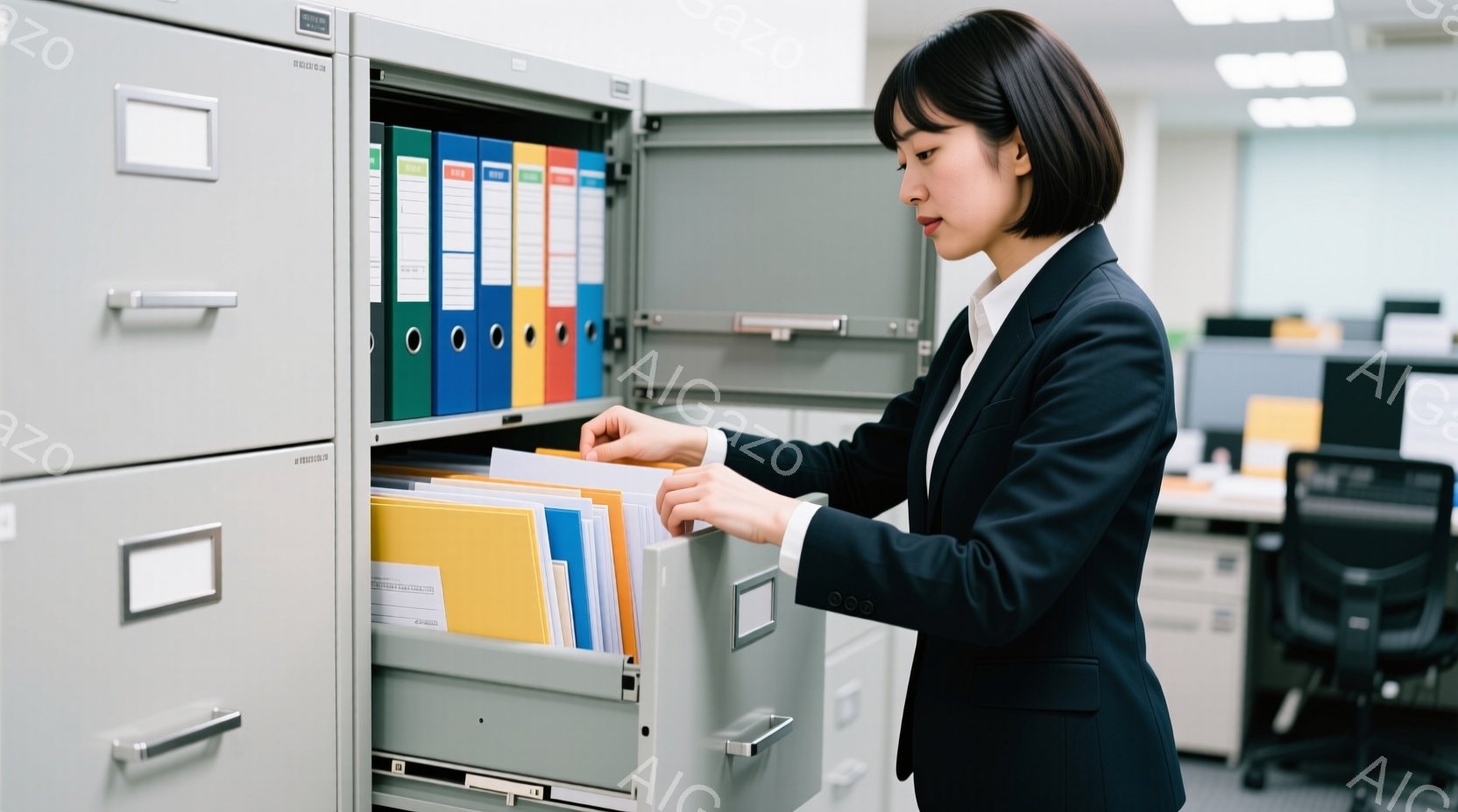 黒いスーツを着た女性が、金属製の引き出しファイルから書類を取り出そうとしています。彼女は黒髪で、顔は真剣な表情で、仕事に集中している様子が伺えます。背景にはオフィス内の他の家具が見え、明るい照明の下で、ビジネスライクな雰囲気が漂っています。