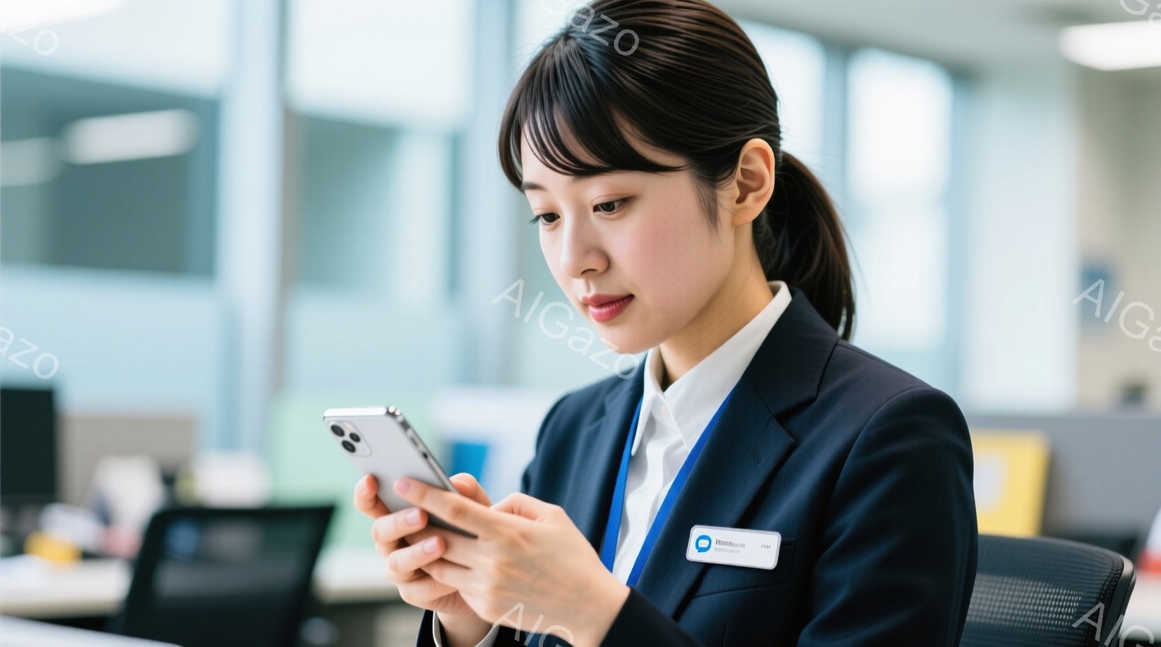 紺色のスーツに白いシャツを着た若い女性が写っています。彼女はスマートフォンを両手で持ち、画面を真剣な表情で見つめています。背景はオフィスで、オフィス家具がわずかに見え、全体的に落ち着いた雰囲気です。 - AI生成フリー素材
