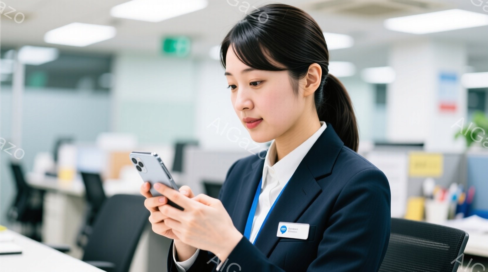 スーツを着た若い女性が、スマートフォンを手に持っている。彼女は黒髪を後ろでまとめ、真剣な表情で画面を見ている。背景はオフィスで、他のデスクや椅子が見え、全体的にプロフェッショナルで落ち着いた雰囲気であ - AI生成フリー素材