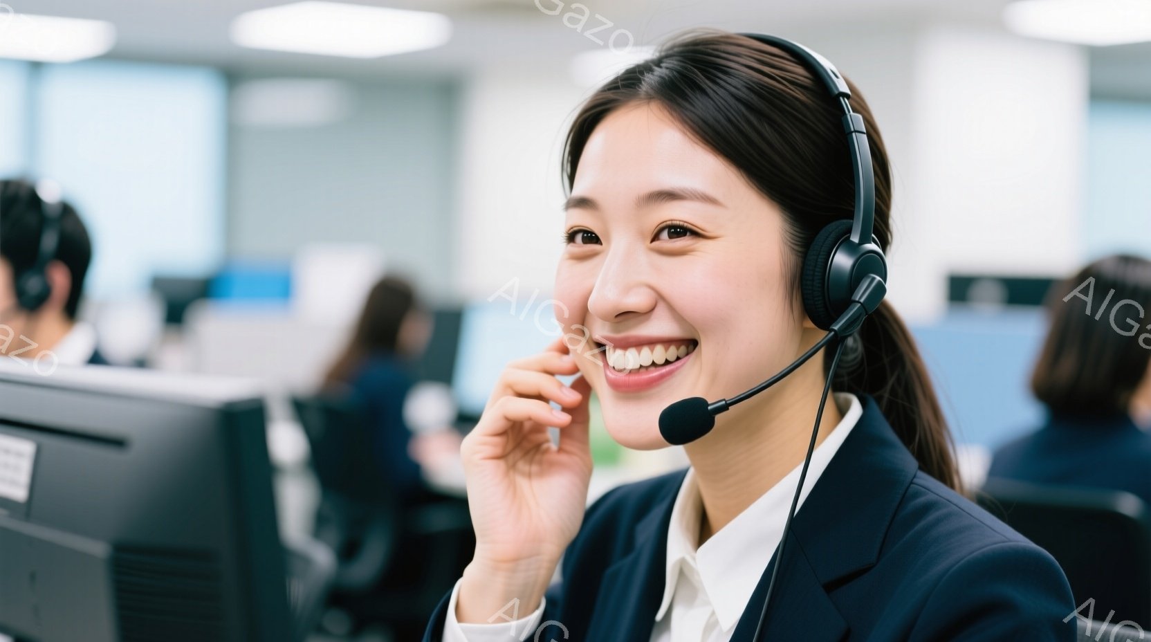 明るい笑顔の若い女性がヘッドセットを装着し、電話を受けている様子が写っています。彼女は紺色のジャケットと白いシャツを着ており、髪は後ろでポニーテールに結ばれています。背景にはオフィスらしき場所があり、他の人々がパソコンに向かっているのがぼんやりと見えます。