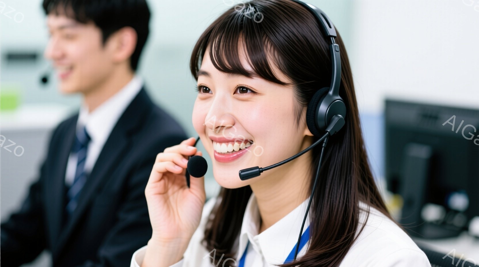 ヘッドセットを装着し笑顔で電話に出ている女性が写っています。彼女は明るい色のブラウスとベストを着ており、髪は肩までの長さで前髪があります。背景には別の男性スタッフがおり、オフィスらしき室内で仕事をしている様子が伺えます。