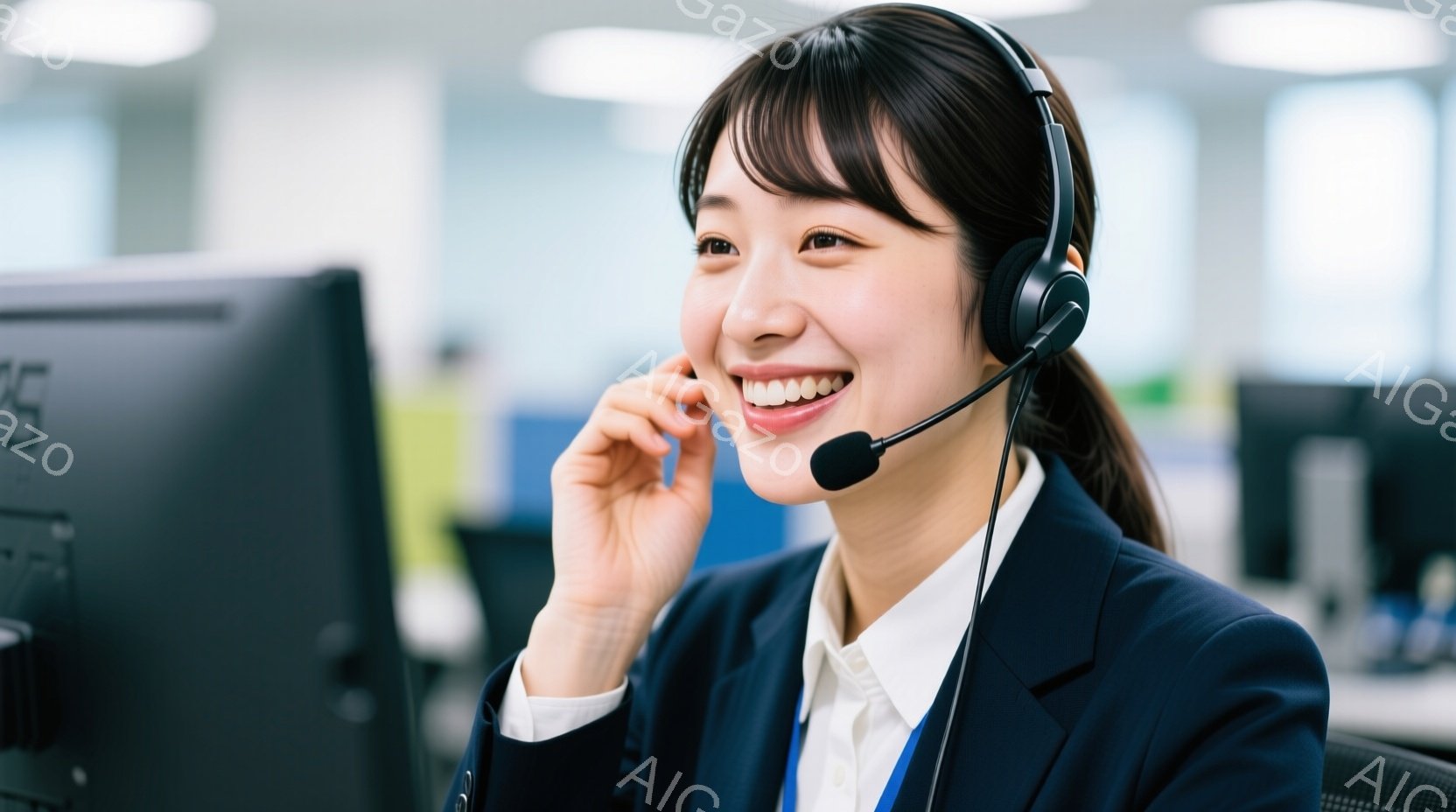この女性は、黒いヘッドセットを着用し、明るい笑顔で電話を受けているようです。紺色のジャケットと白いシャツを身に着けており、髪は後ろでポニーテールにまとめられています。背景にはオフィスらしき空間がぼやけて見え、ビジネスシーンを彷彿とさせる、活気のある雰囲気です。