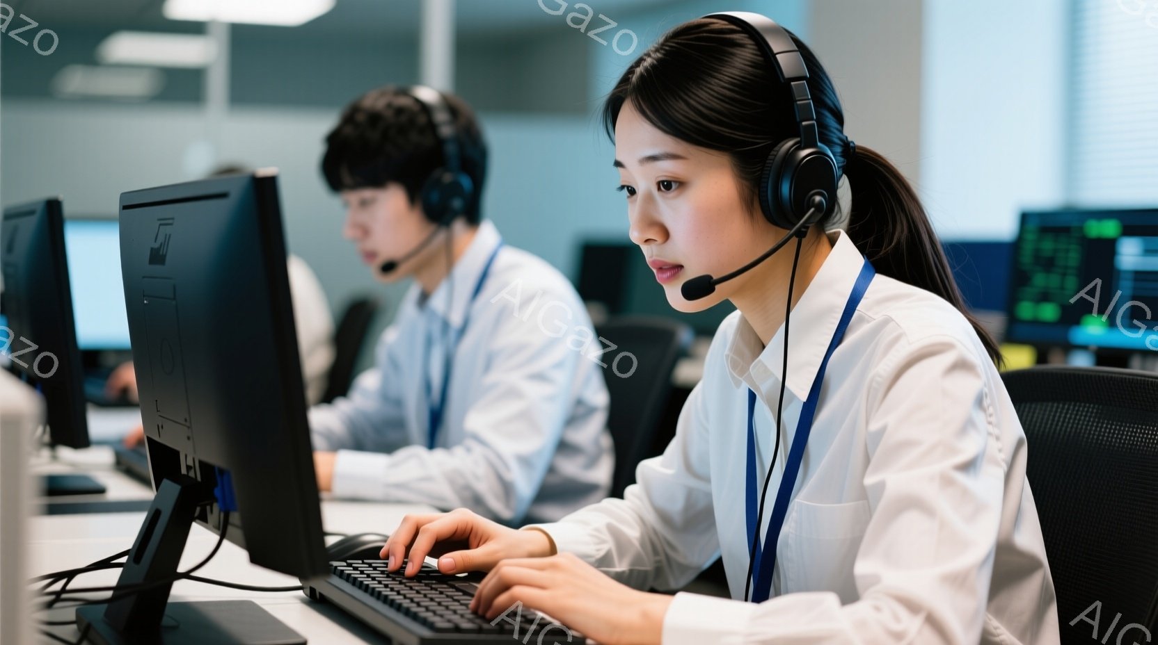 2人のオペレーターがヘッドセットを装着し、コンピューターに向かって作業しています。女性は白いシャツを着て髪を後ろでまとめ、真剣な表情でキーボードを操作しています。背景には他のオペレーターやモニターが並 - AI生成フリー素材