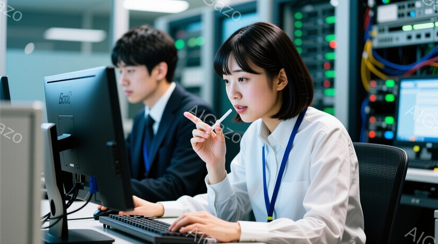 コンピューターの前に座っている二人の人物が写っています。女性は白いシャツに黒いズボン、短髪で、何かを説明しているかのように指を立てています。背景にはサーバーラックが並び、暗い部屋の中でコンピューターの - AI生成フリー素材