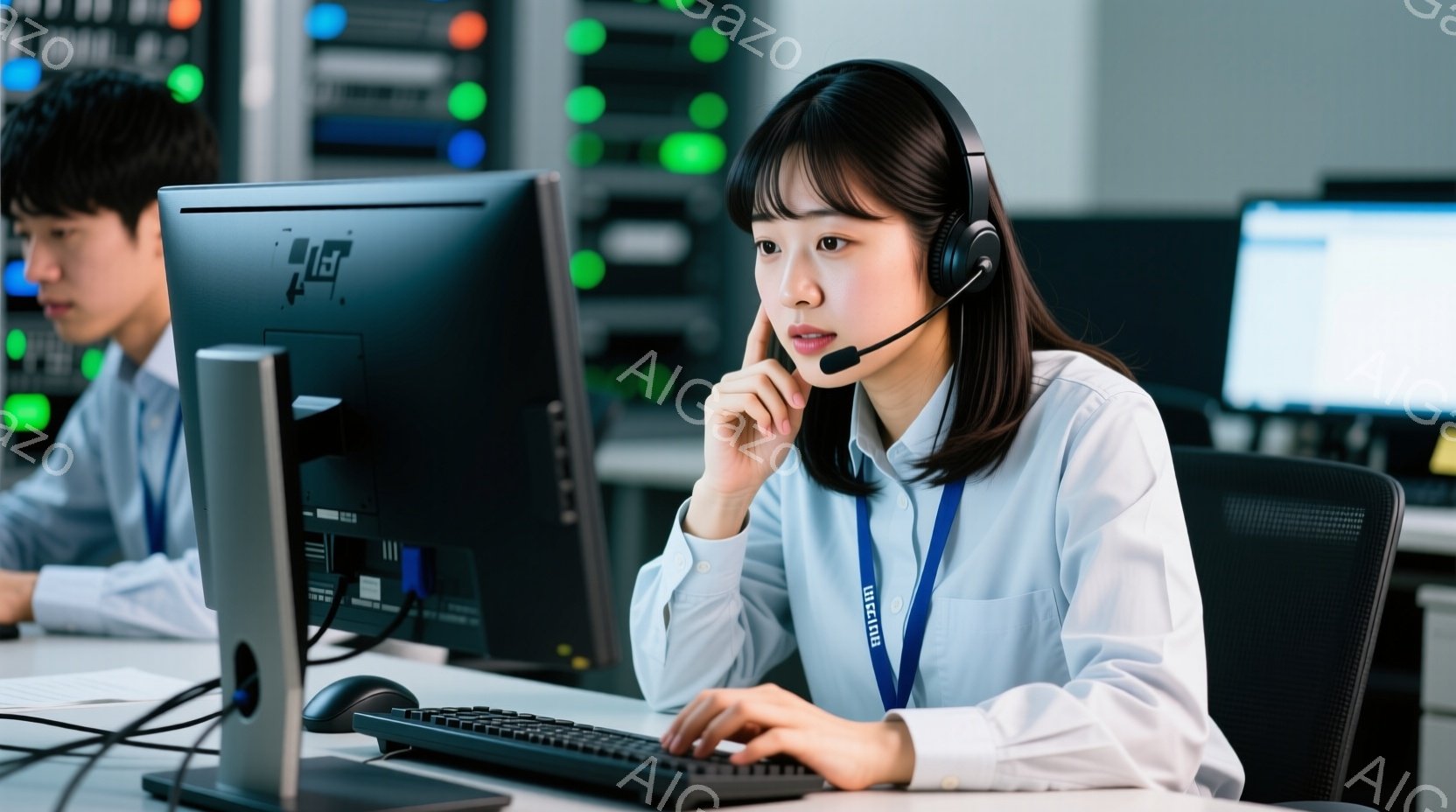ヘッドセットを装着した若い女性が映っており、コンピューターの前に座ってキーボードを操作しています。彼女は白いシャツを着ており、首にはIDカードがぶら下がっています。背景にはサーバーラックが並び、集中した雰囲気の職場の様子が伺えます。