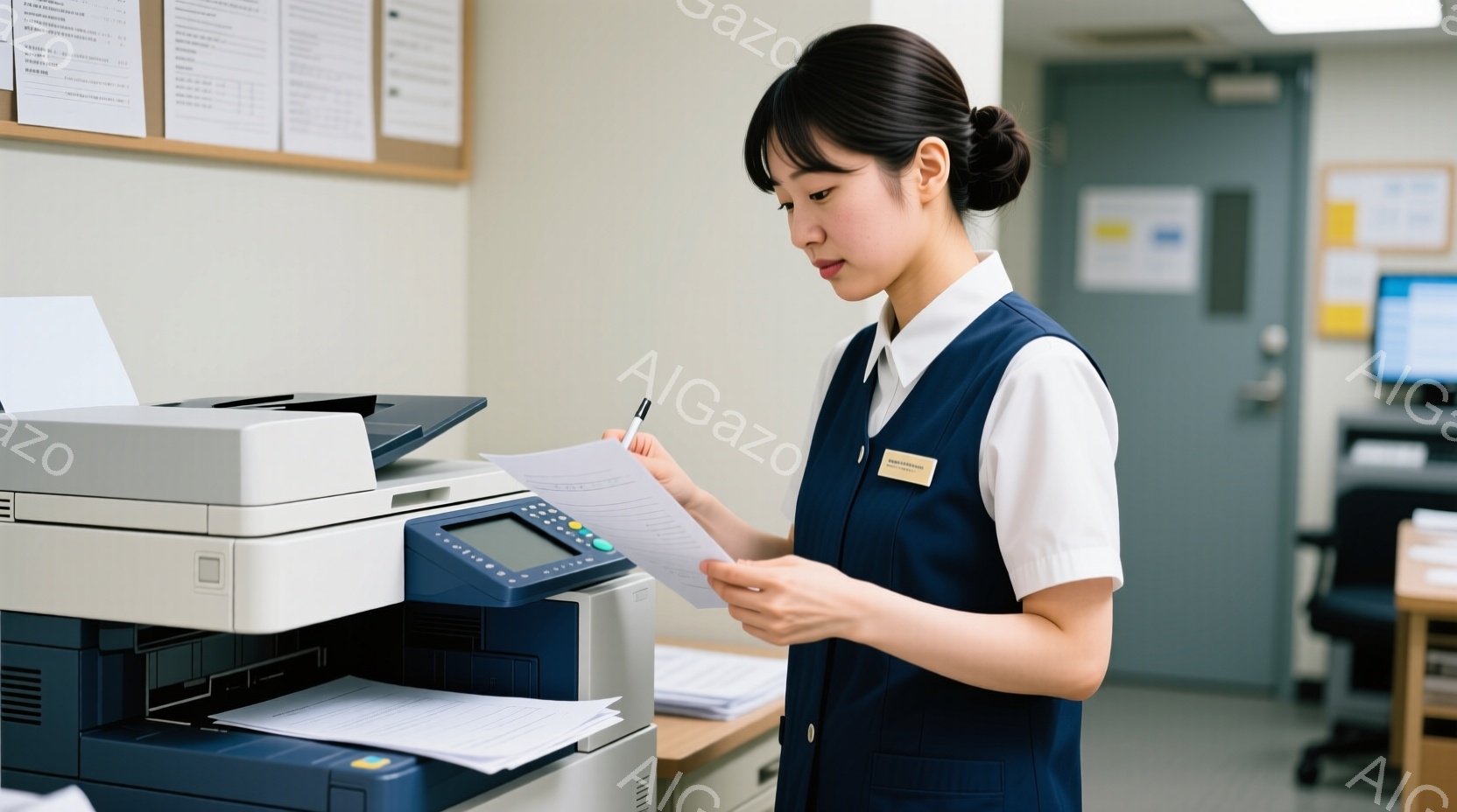 女性はネイビーのベストと白いブラウスを着て、胸には名札をつけています。彼女は書類を手に持ち、コピー機を見ながら何かを確認しているようです。背景にはコピー機、書類、そしてオフィスの一室が写っており、全体的に落ち着いた雰囲気です。