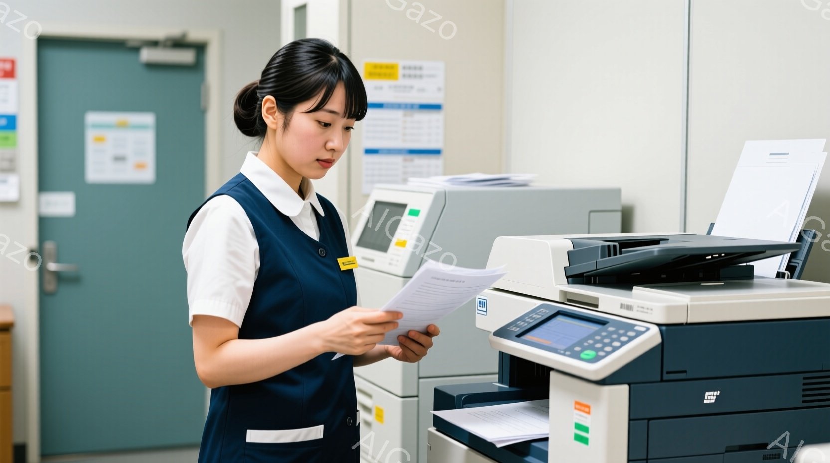 紺色のエプロンと白いブラウスを着た若い女性が写っています。彼女は書類を手に持ち、コピー機を見下ろして何かを確認しているようです。背景にはコピー機や書類が積み上げられた棚があり、オフィスや公共施設の内部であると考えられます。