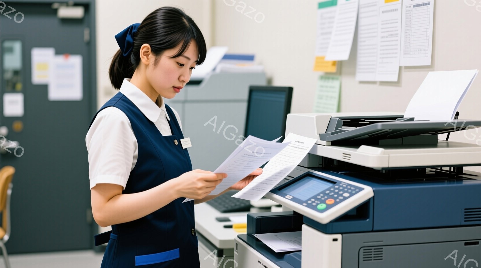 制服姿の女性がコピー機の前で書類を見ている。彼女は白いブラウスに紺色のベストを着用し、髪を後ろでまとめてリボンをつけている。背景にはコピー機や書類が積み重ねられており、事務的な空間であることがわかる。