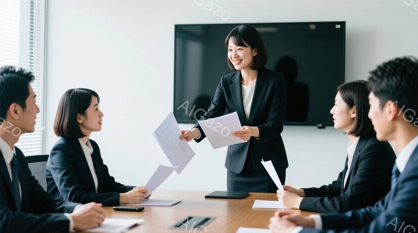 会議室でビジネスパーソンたちが集まっており、一人の女性が書類を手に立ってプレゼンテーションをしている。全員が黒いスーツまたはジャケットを着用し、真剣な表情で話を聞いているか、書類を見ている。背景はシン - AI生成フリー素材