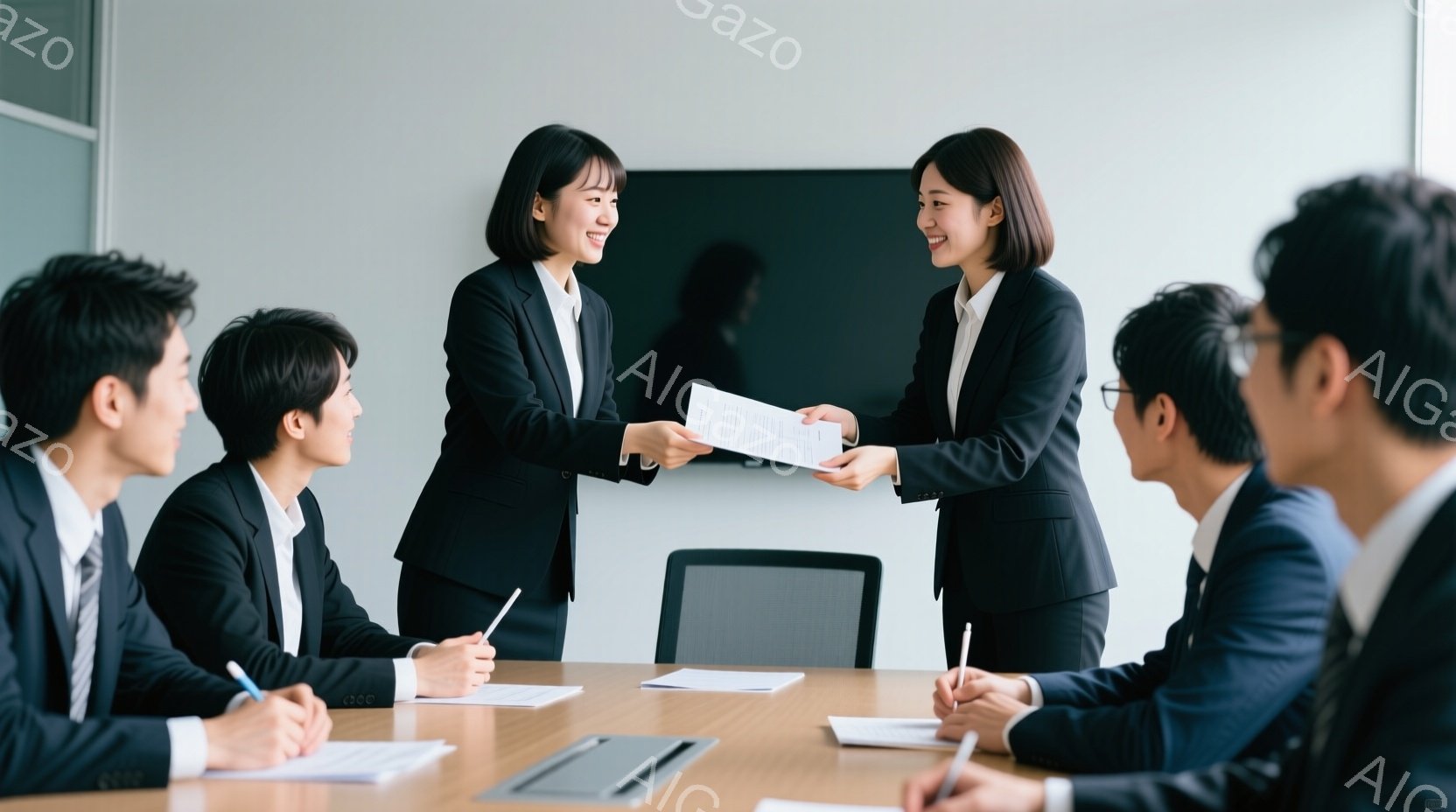 会議室で、黒いスーツを着た女性が書類を別の男性に渡しています。参加者は皆、ビジネスシーンにふさわしい服装で、真剣な表情で会議に参加しています。背景はシンプルな白い壁で、室内は明るく清潔な印象を与えます - AI生成フリー素材