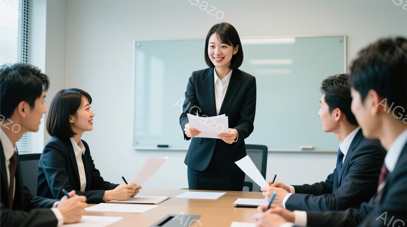 会議室で、一人の女性が書類を手に立ち、他の数人のビジネスマンに向かって説明している様子が写っている。女性は黒いスーツに白いブラウスを着ており、髪は後ろでまとめて、笑顔で自信に満ちた表情をしている。参加 - AI生成フリー素材
