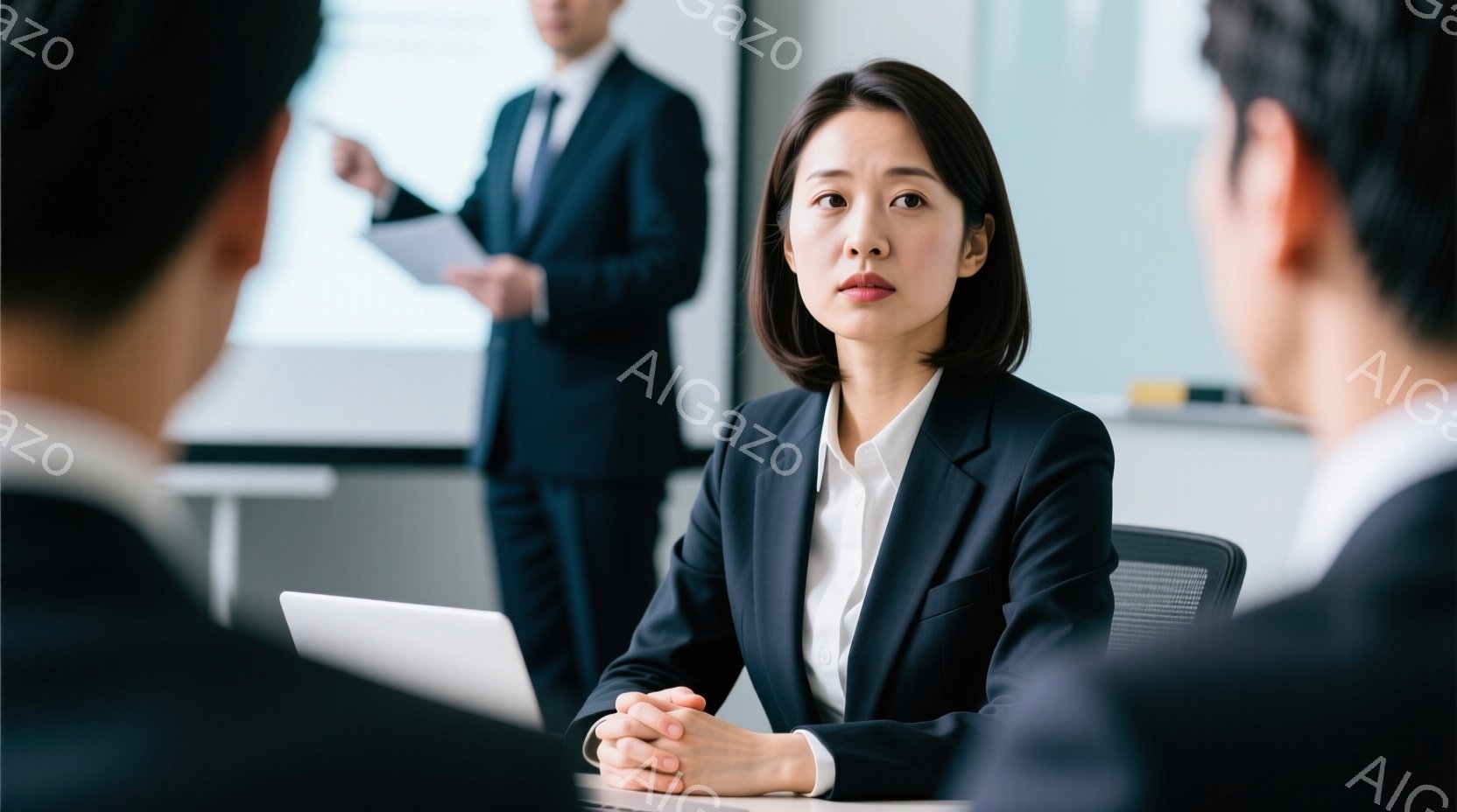 ビジネスシーンの室内が写っている。中央の女性は黒いスーツに白いシャツを着ており、手を組み、真剣な表情で誰かを見つめている。背景にはプレゼンテーションをしている男性と、白い机と椅子が見え、室内は明るく、 - AI生成フリー素材