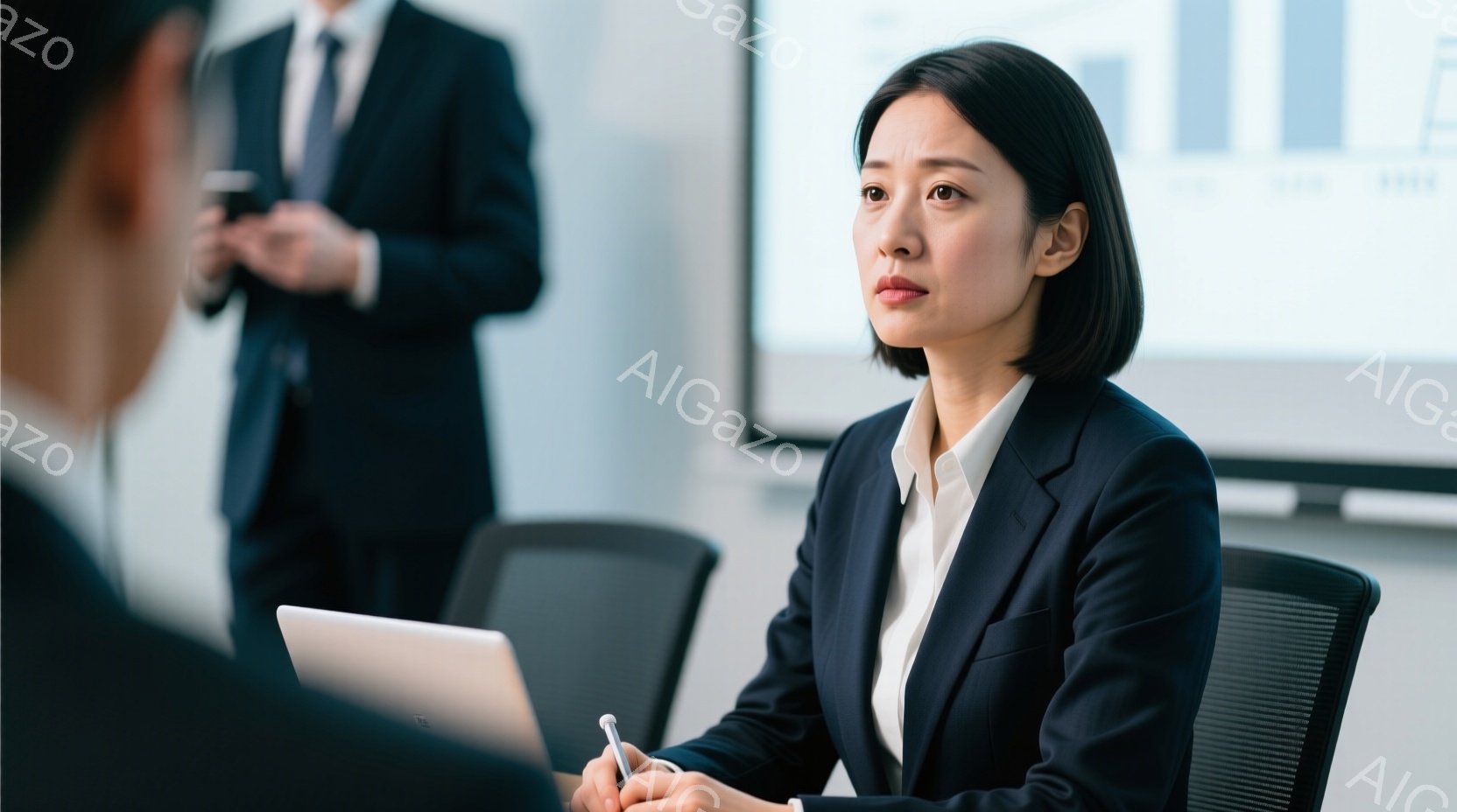 紺色のスーツを着た女性が映っており、白いブラウスを合わせ、短めの黒髪に整えられています。彼女は椅子に座り、ノートパソコンとペンを持ち、やや真剣な表情で誰か（または何か）を見つめています。背景には、プレ - AI生成フリー素材