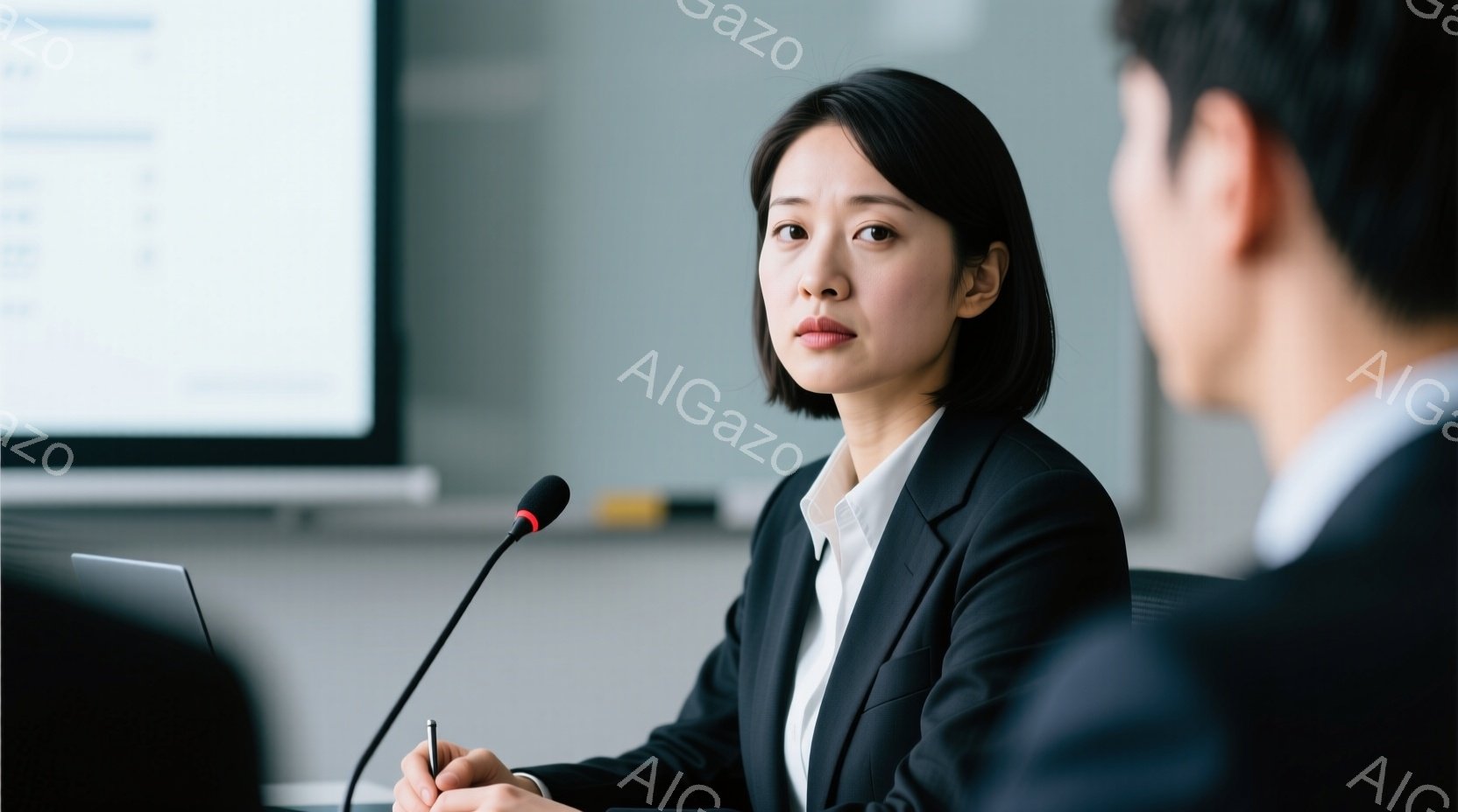 この女性は、黒いスーツに白いシャツを着て、テーブルに座り、ペンを持っている。彼女は前を向いて少し真剣な表情で話しているようで、マイクが彼女の口元にある。背景には、プレゼンテーションのスライドと他の参加者の後ろ姿が見え、全体的にビジネス会議のようなフォーマルな雰囲気である。