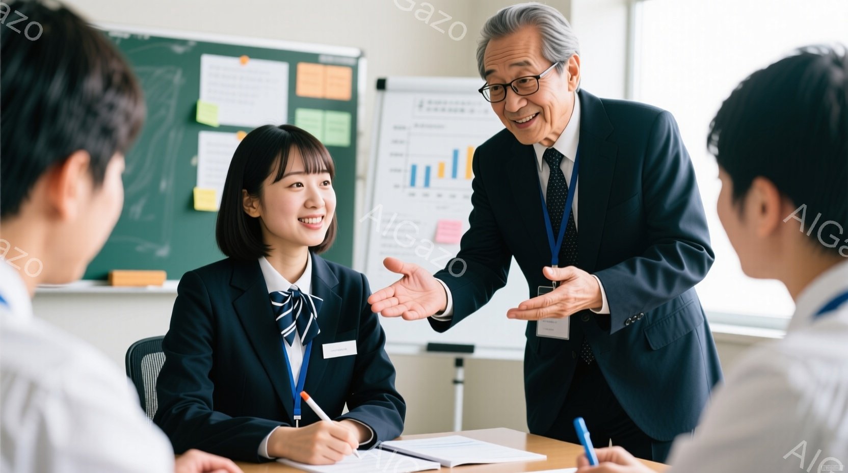 制服を着た女子高生が、講義中の先生の方を笑顔で見ています。先生はネクタイとジャケット姿で、何かを説明するかのように手を広げています。教室の背景には、ホワイトボードと数枚の紙が貼られており、学習の雰囲気が漂っています。